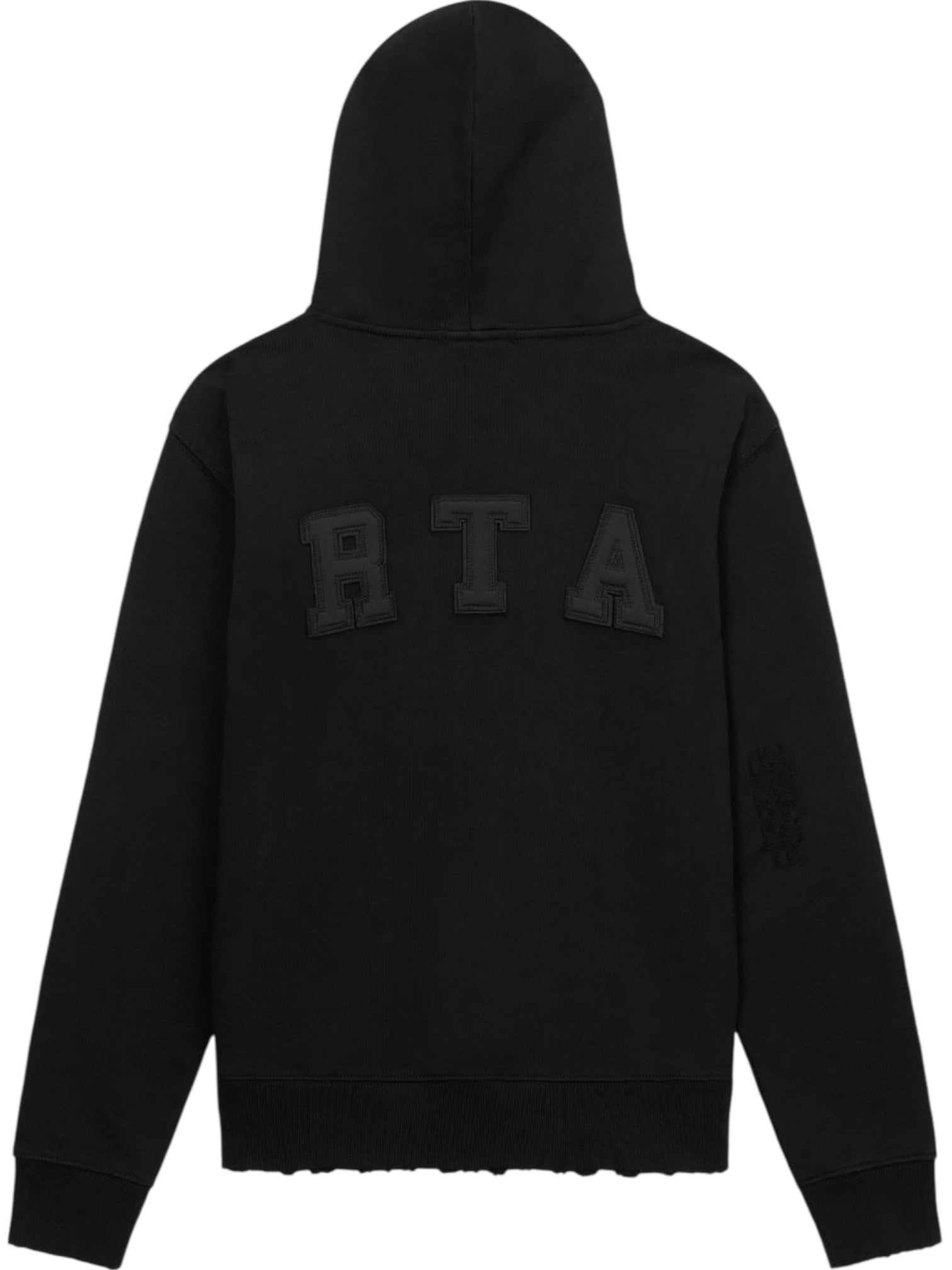 The RTA Markus Hoody Black by RTA features large raised "RTA" letters across the upper back and a subtle distressed finish, giving this collegiate-inspired hooded sweatshirt a modern edge.