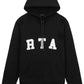 The RTA Markus Hoody Black by RTA features a classic hooded design, front pocket, and bold white "RTA" lettering across the chest.