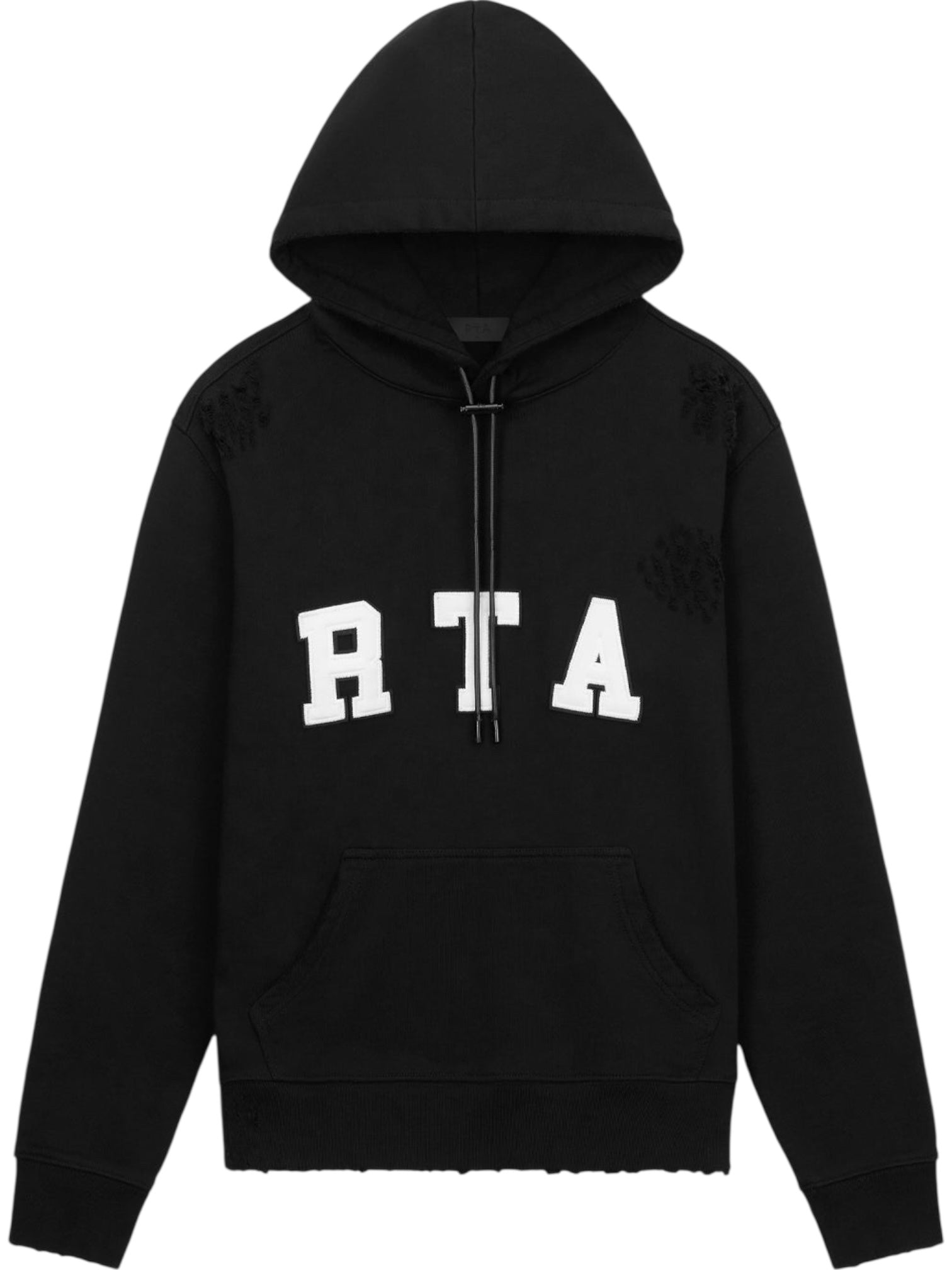 The RTA Markus Hoody Black by RTA features a classic hooded design, front pocket, and bold white "RTA" lettering across the chest.