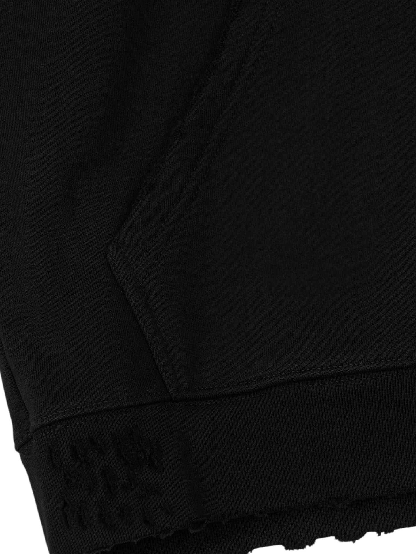 Close-up of the RTA Markus Hoody Black by RTA, showcasing its front pocket and ribbed, slightly distressed hem.