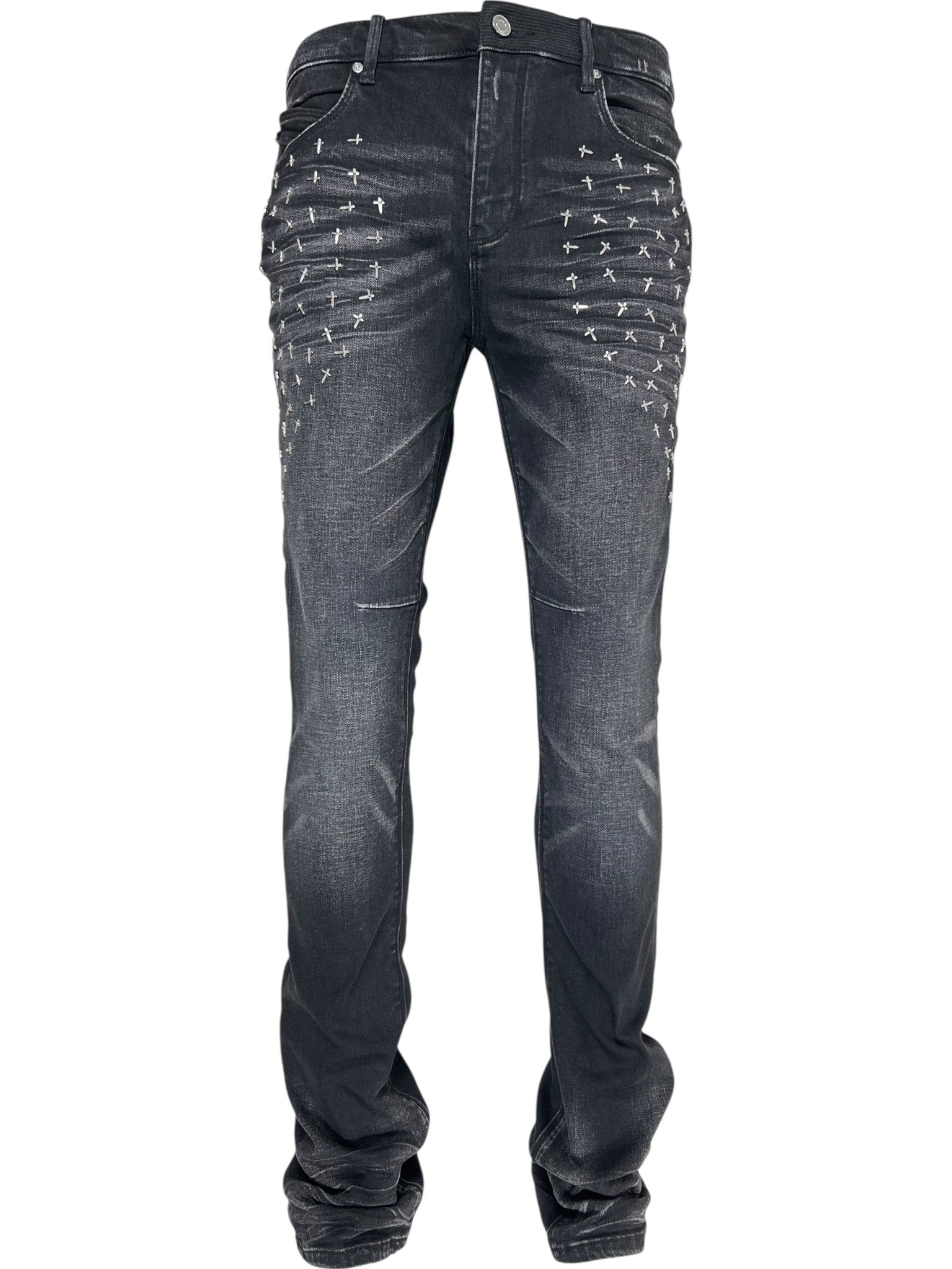The RTA Olivier Stacked Graphite Fade Cross Black jeans feature white X stitches on the front thighs and subtle knee and hem wrinkling, capturing RTA’s signature stacked style in a black cotton denim graphite fade wash.