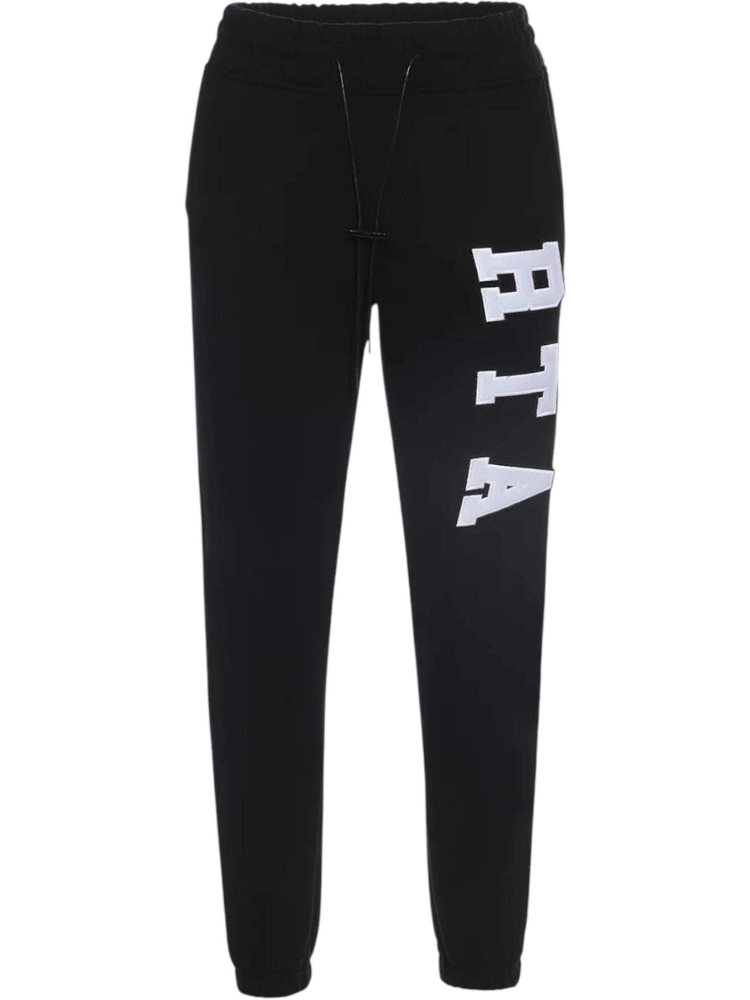 RTA Owen black collegiate sweatpants by RTA, featuring a drawstring waist and a bold white vertical RTA logo on the left thigh.