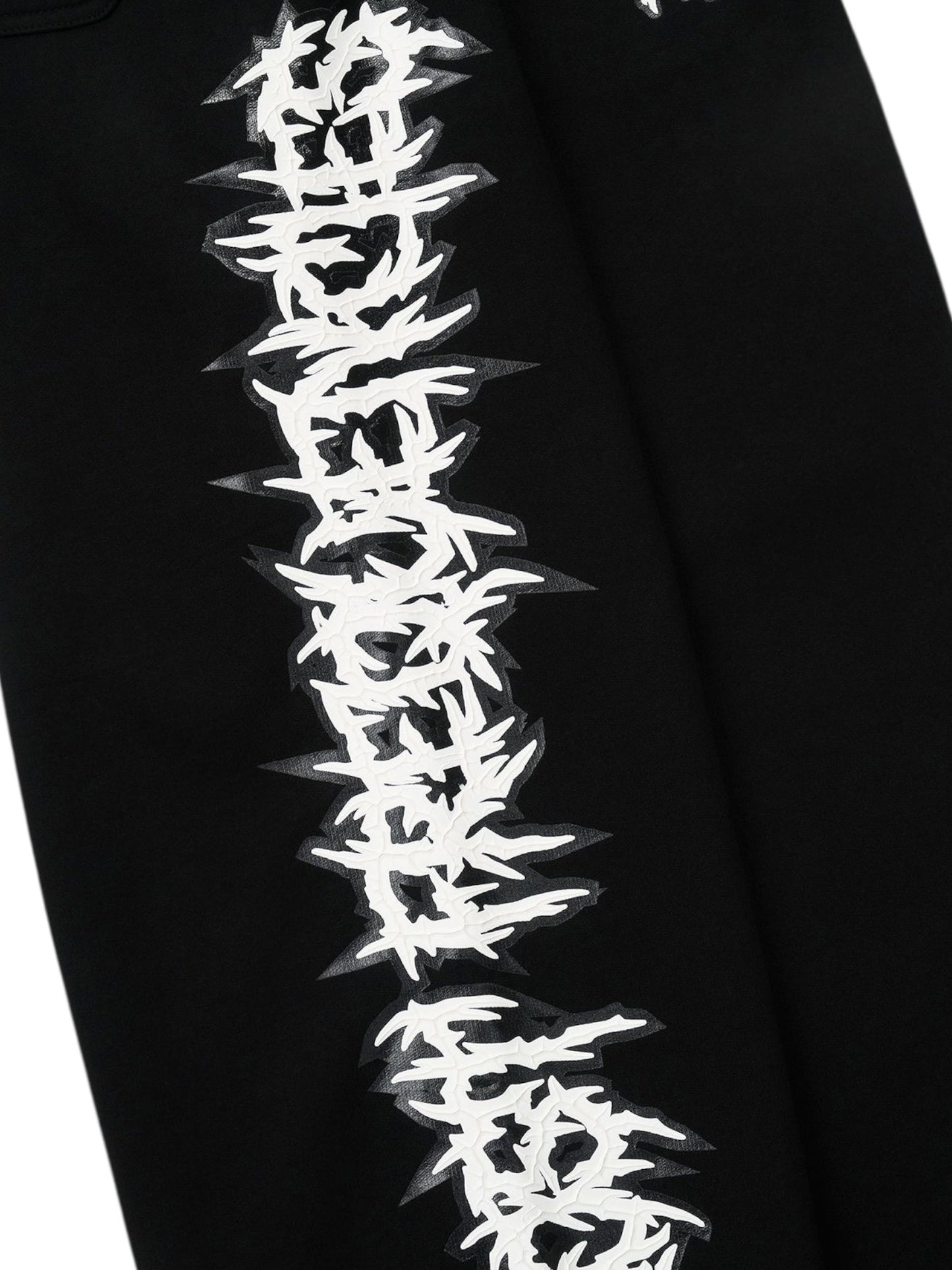 The RTA Rafa Black Cyber Lost Frequencies sweatpants feature bold white jagged graffiti-style lettering down the center, perfect for an edgy, cyber-inspired look.