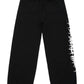 The RTA Rafa Black Cyber Lost Frequencies sweatpant features black cotton, an elastic waistband and cuffs, two back pockets, and a white cyber-inspired logo graphic down the right leg.