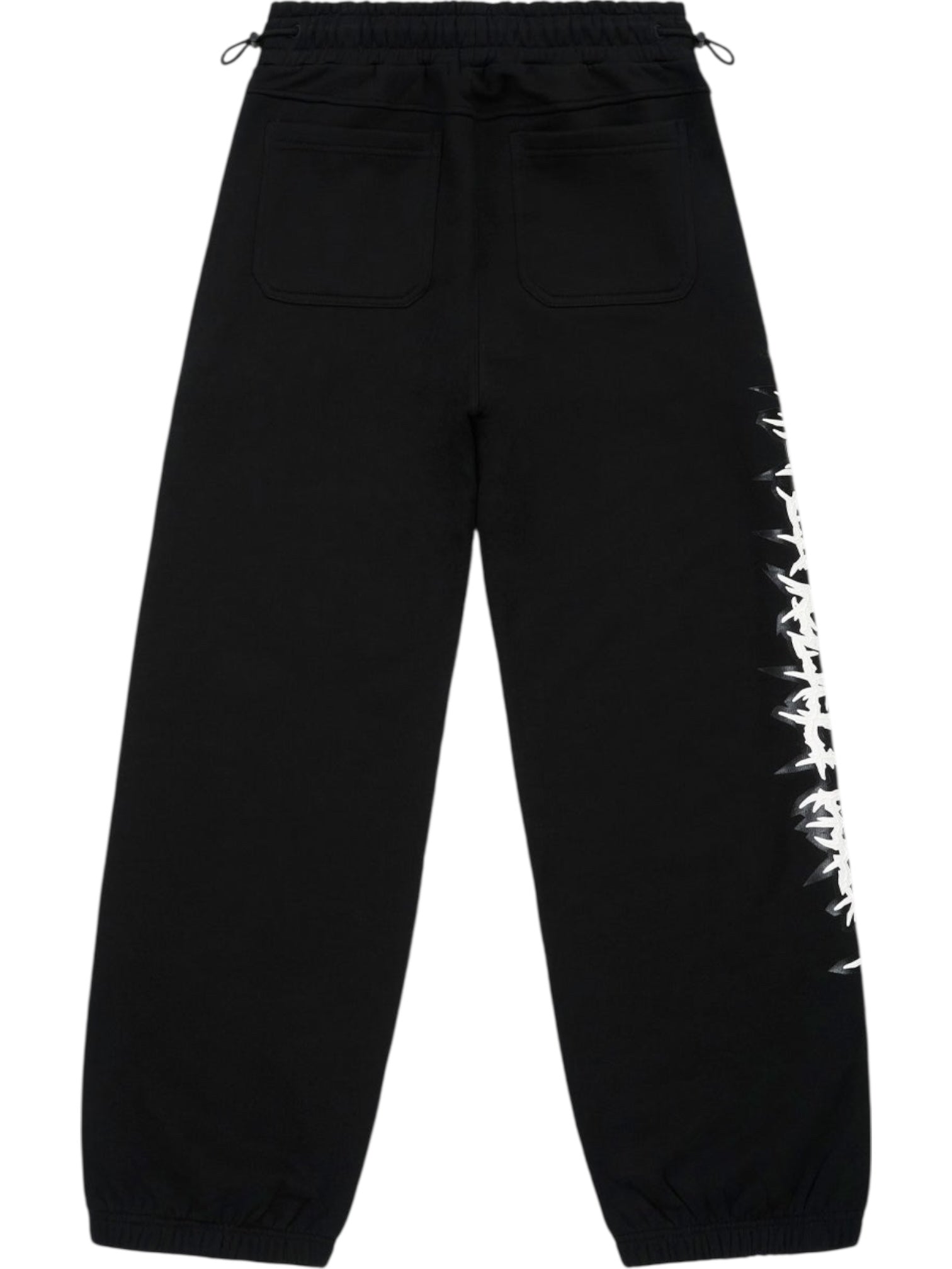 The RTA Rafa Black Cyber Lost Frequencies sweatpant features black cotton, an elastic waistband and cuffs, two back pockets, and a white cyber-inspired logo graphic down the right leg.