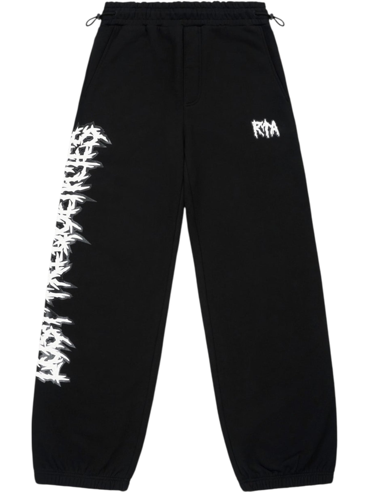 The RTA Rafa Black Cyber Lost Frequencies sweatpant features an elastic waistband and cuffs, cyber-inspired white graphic text on the left leg, and a small white "RTA" logo on the right thigh.