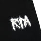 Close-up of the RTA Rafa Black Cyber Lost Frequencies sweatpant by RTA, showcasing a white stylized “RTA” patch stitched on for a cyber-inspired accent.