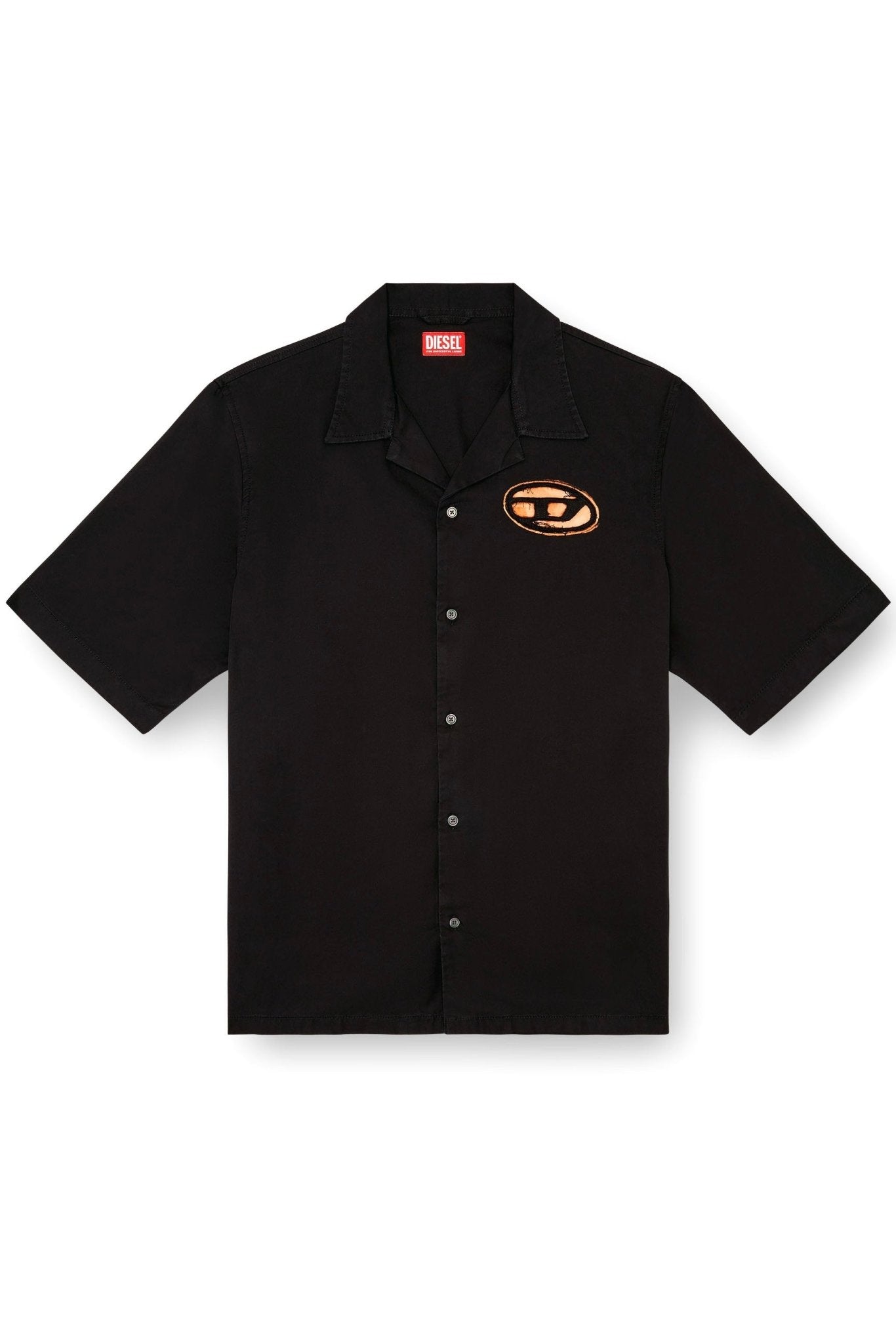 The Diesel S-Stan Bleach Black by DIESEL is a black short-sleeve button-up bowling shirt featuring a camp collar and an embroidered orange and black logo on the left chest.