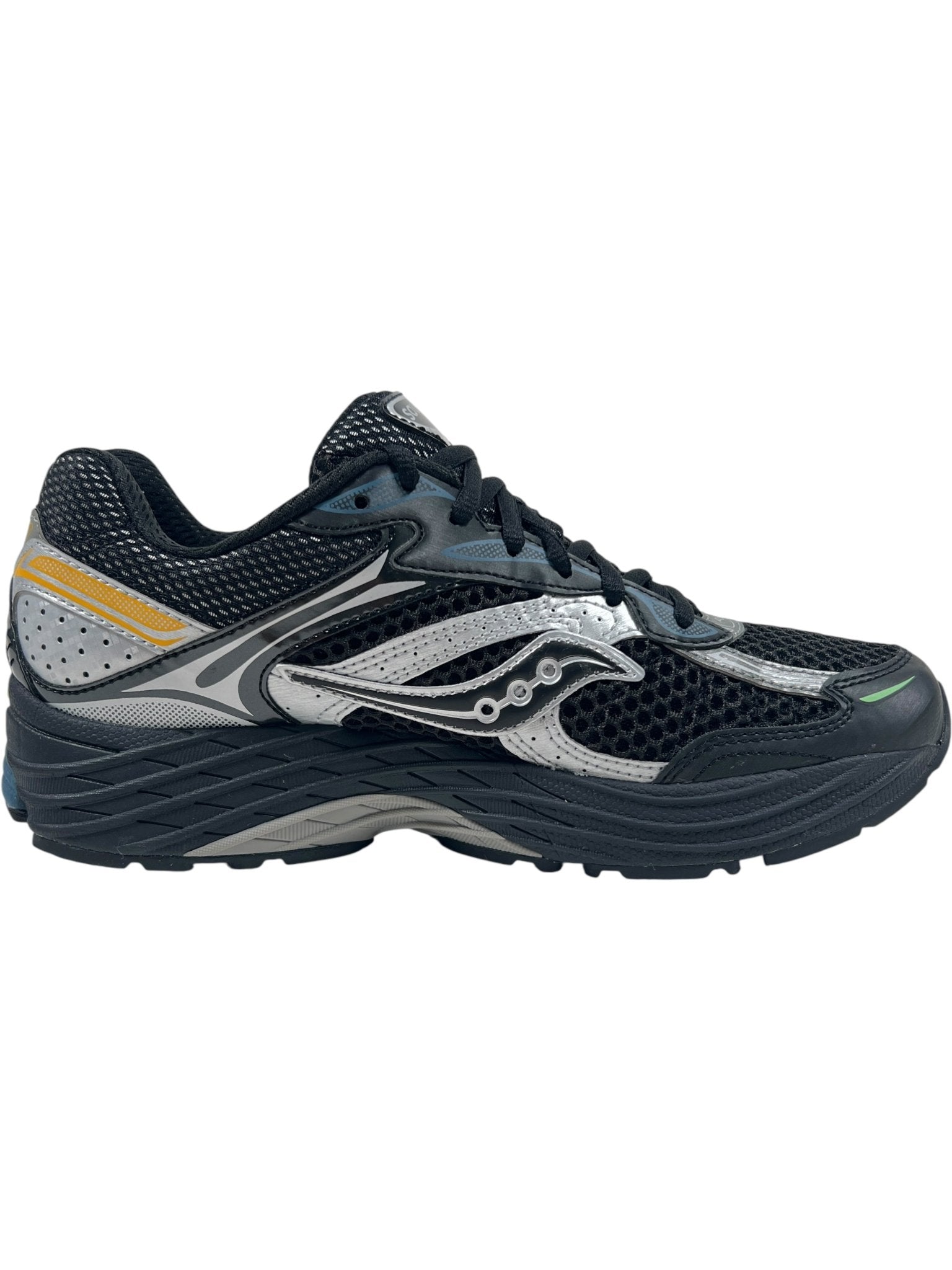 The SAUCONY Progrid Omni 9 (S70739-28) in Black/Multi is an athletic running shoe with mesh panels, lace-up closure, and a thick textured sole featuring Grid Technology for superior cushioning and support.
