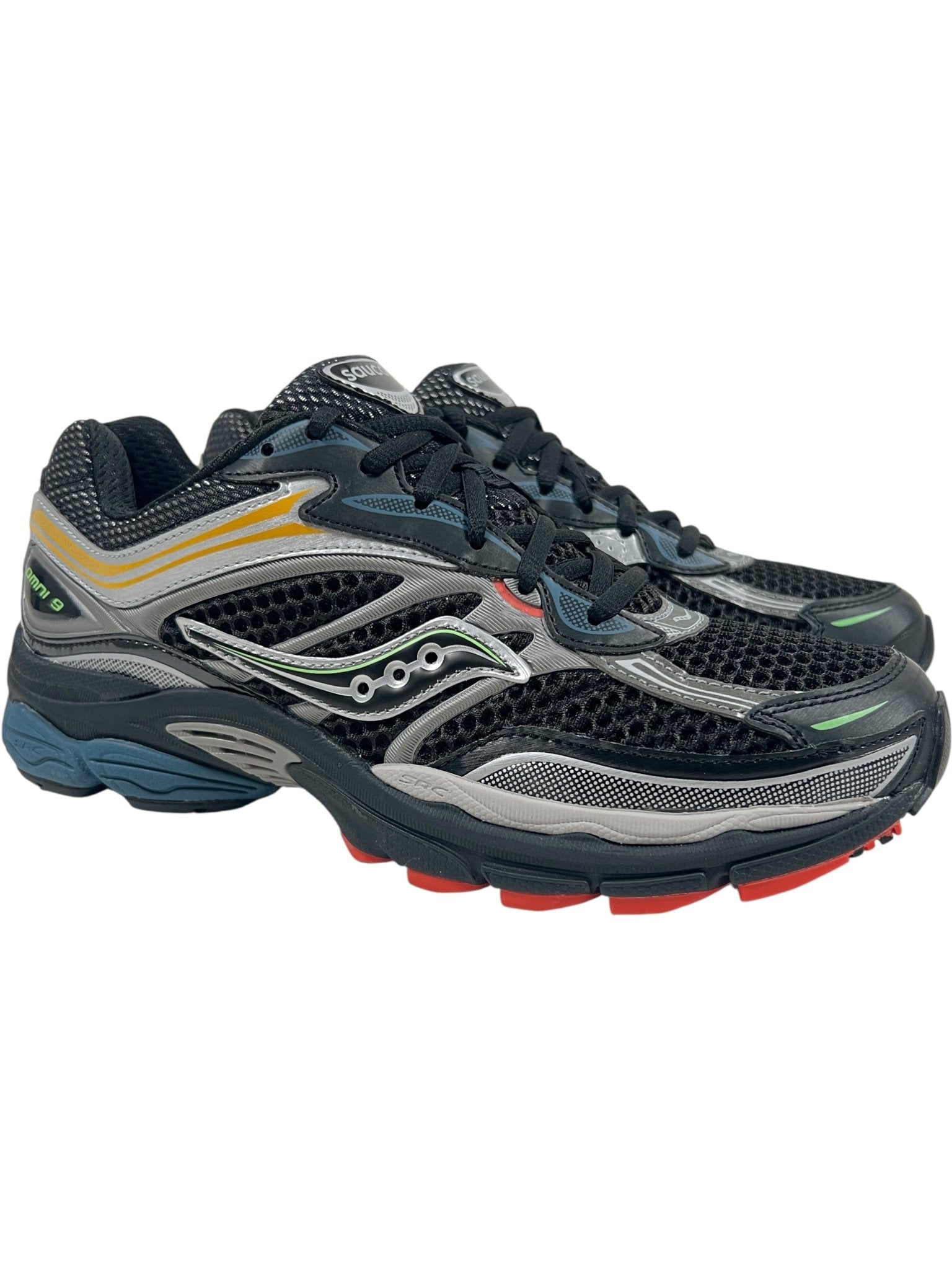 The SAUCONY Progrid Omni 9 (S70739-28) Black/Multi features mesh uppers, colorful accents, thick rubber soles, superior cushioning, and Grid Technology for a comfortable run.