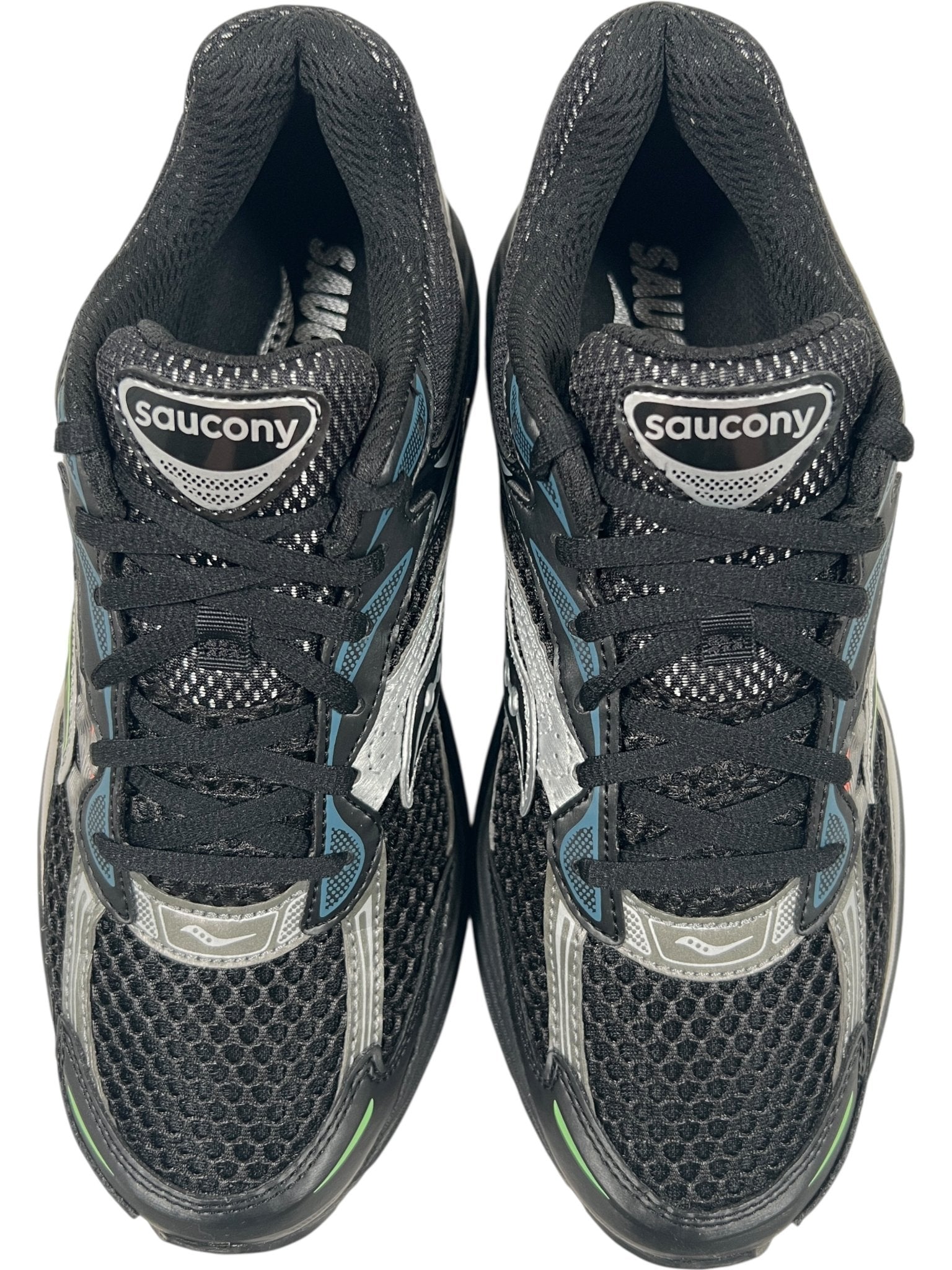 Top view of Saucony Progrid Omni 9 (S70739-28) running shoes in black/multi by SAUCONY, featuring mesh uppers, white and blue accents, black laces, and Grid Technology for superior cushioning.