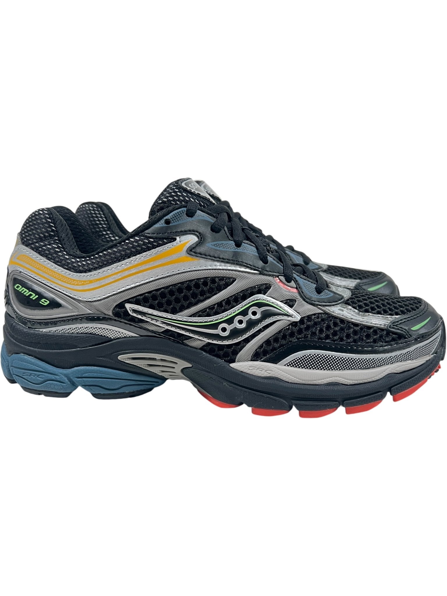 The SAUCONY Progrid Omni 9 (S70739-28) in Black/Multi features mesh uppers, rubber soles, and Grid Technology for superior cushioning; shown here from the side.