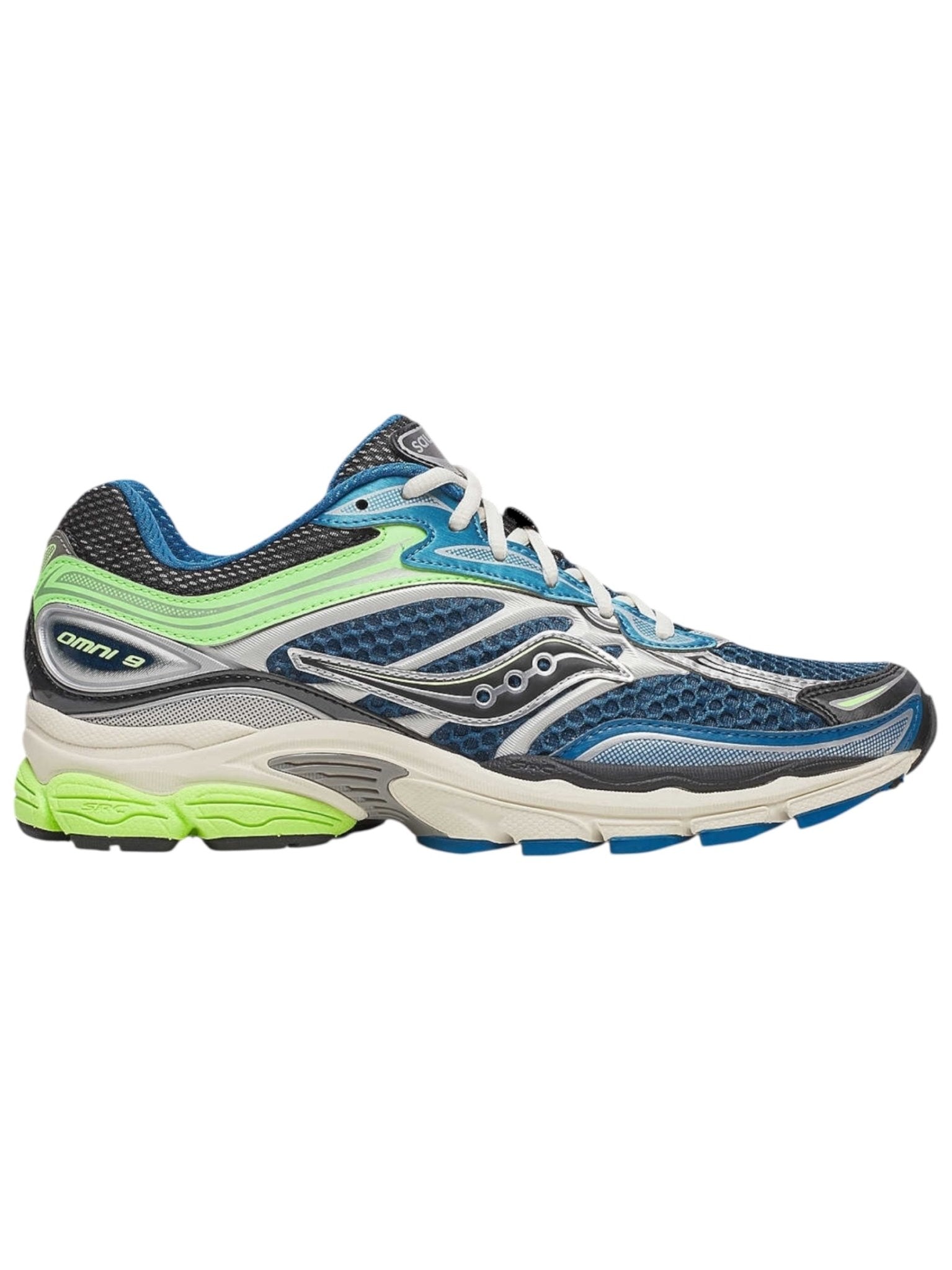 The SAUCONY Progrid Omni 9 (S70739-29) in Blue/Lime is an athletic running shoe with mesh panels, laces, and a cushioned ProGrid sole, shown from the side.