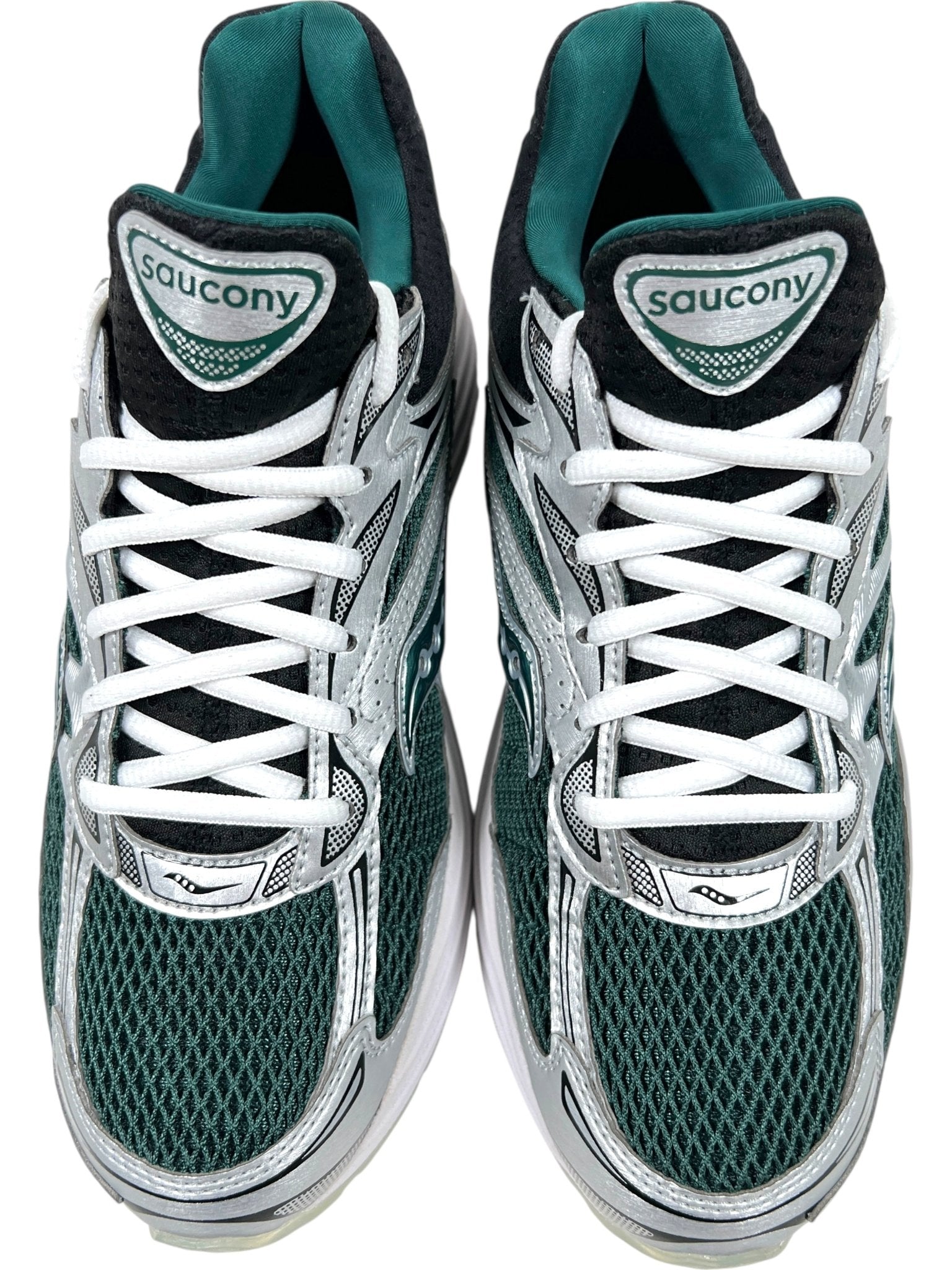 A pair of SAUCONY Progrid Omni 9 (S70900-4) running shoes in green/black with white laces, viewed from above, designed for stability on every run.
