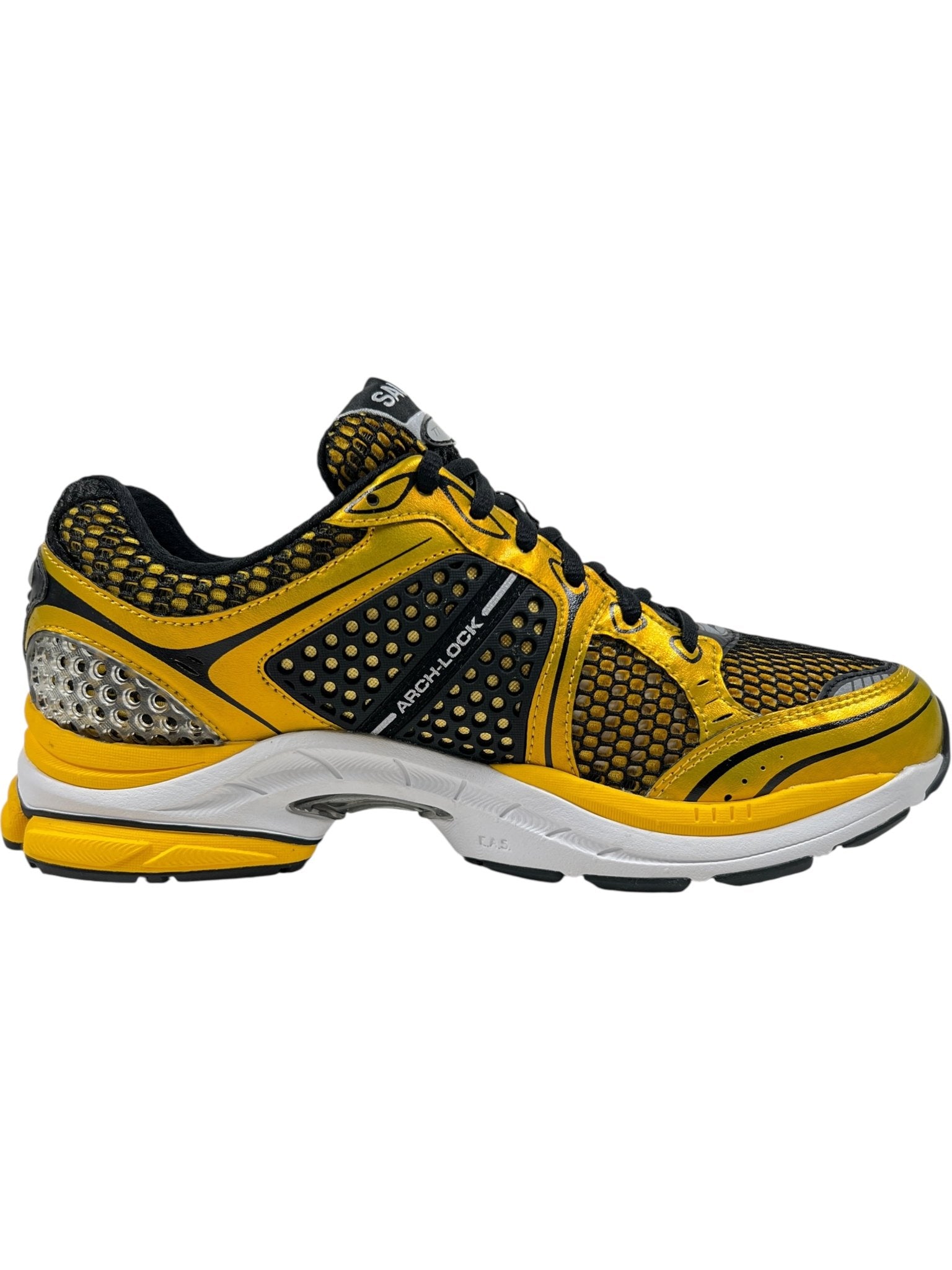 The SAUCONY Progrid Triumph 4 (S70704-16) Lemon Chrome is a yellow and black mesh sneaker with silver accents, Arch-lock tech, and a white and yellow sole, shown from the side.