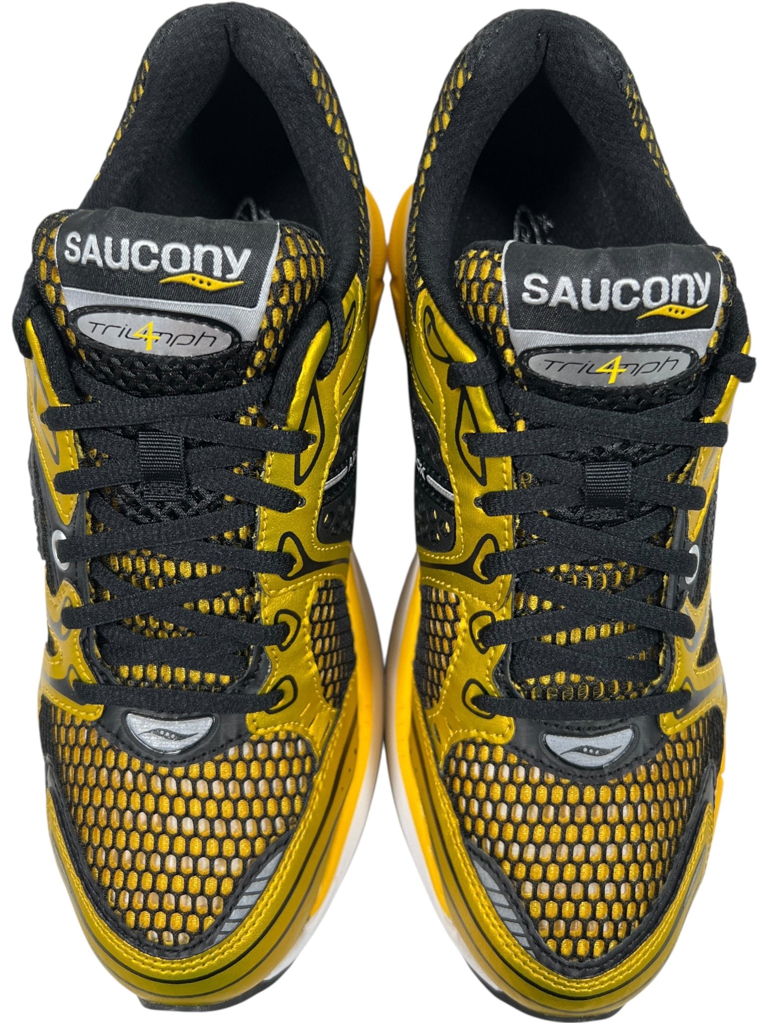 A pair of SAUCONY Progrid Triumph 4 (S70704-16) Lemon Chrome running shoes in yellow and black, shown from above to highlight the laces and breathable mesh upper.