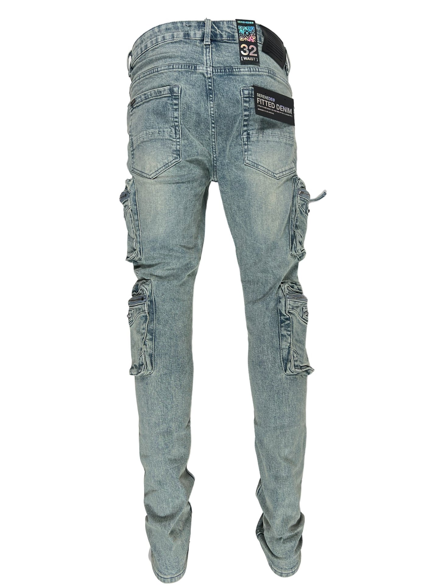 Blue skinny fit denim SERENEDE GENESYS cargo jeans with multiple cargo pockets displayed against a white background.