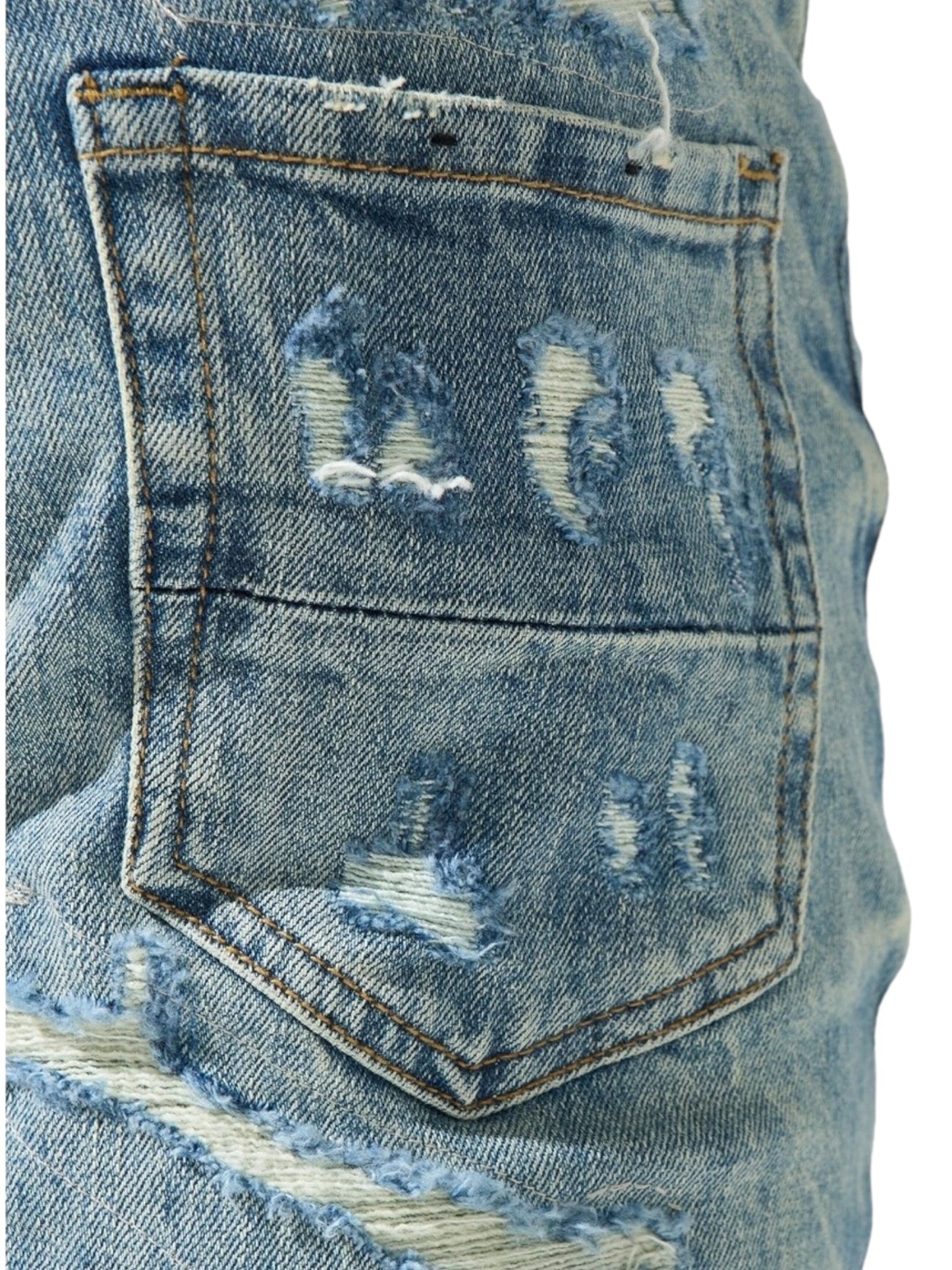 Close-up of the Serenede Imperial Straight Leg Jeans Blue by SERENEDE, highlighting the cotton fabric, back pocket, and ripped details.