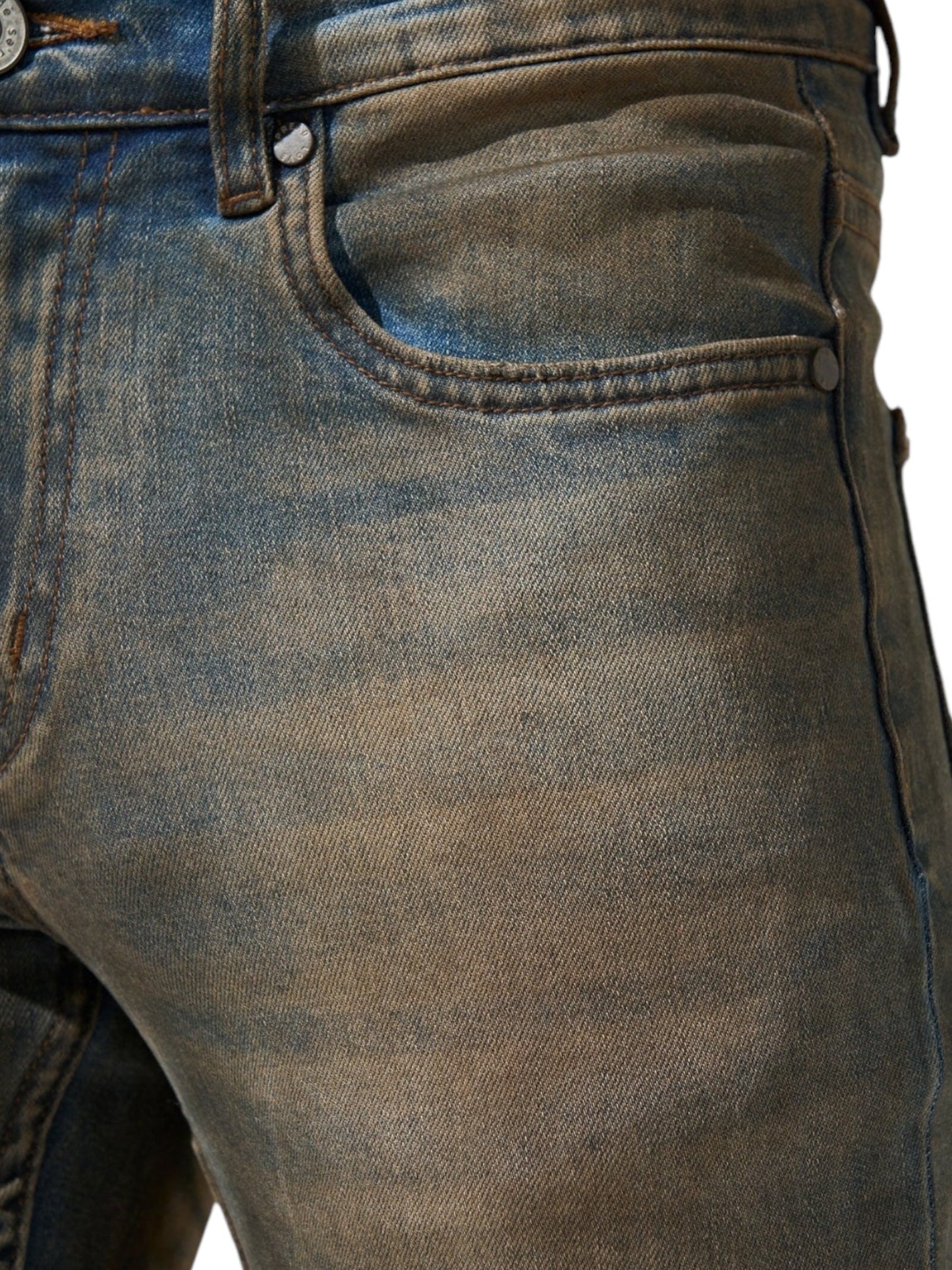 Close-up of Serenede Oud Jeans Oudwood by SERENEDE, featuring dark washed denim with front pocket and waist view. Notice the fading and stitching details crafted from premium cotton.