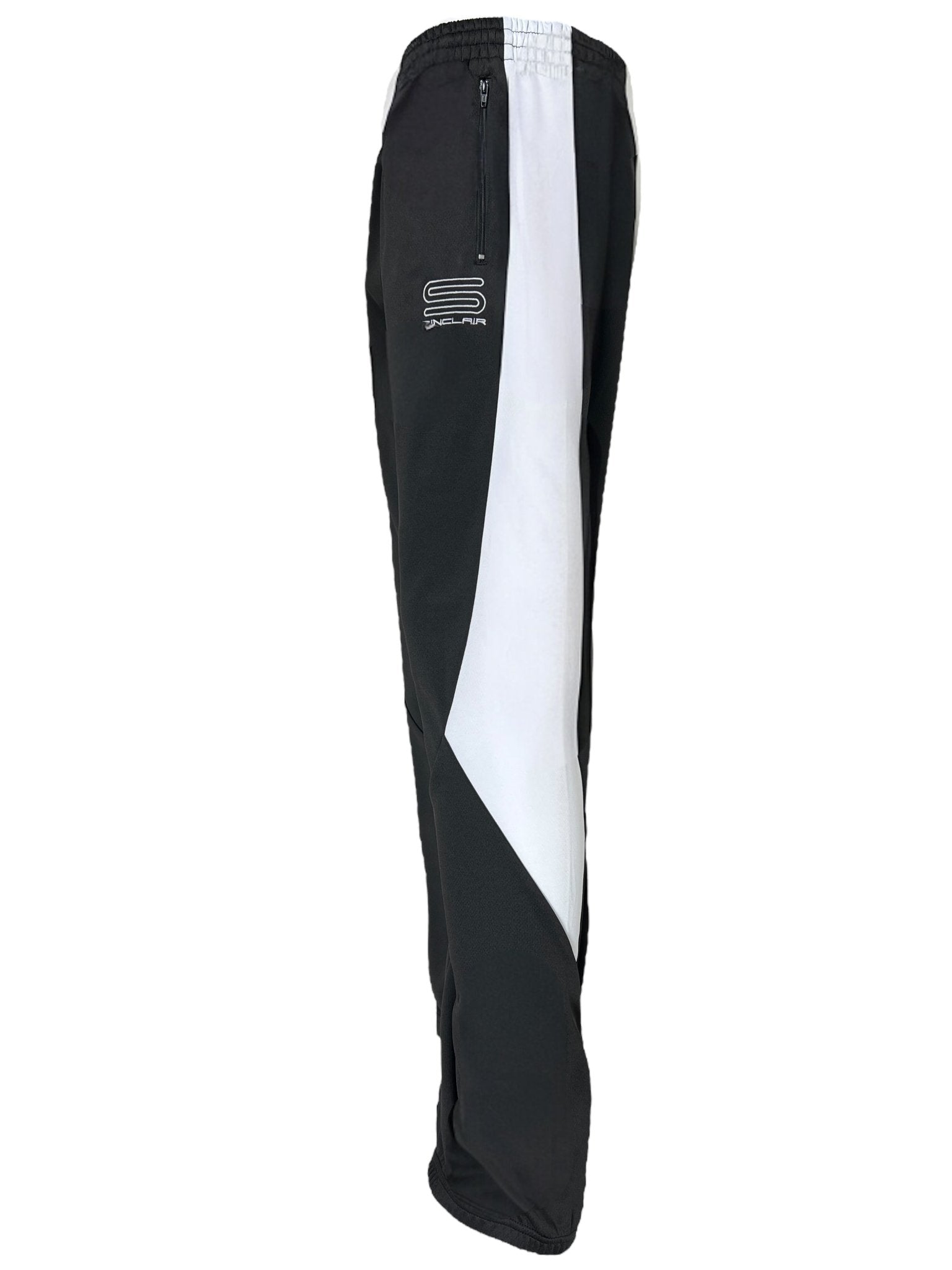The Sinclair SMB65 Tech Logo Track Pants by SINCLAIR are black and white, made of 100% polyester, featuring a zippered pocket design and an embroidered logo on the left thigh.