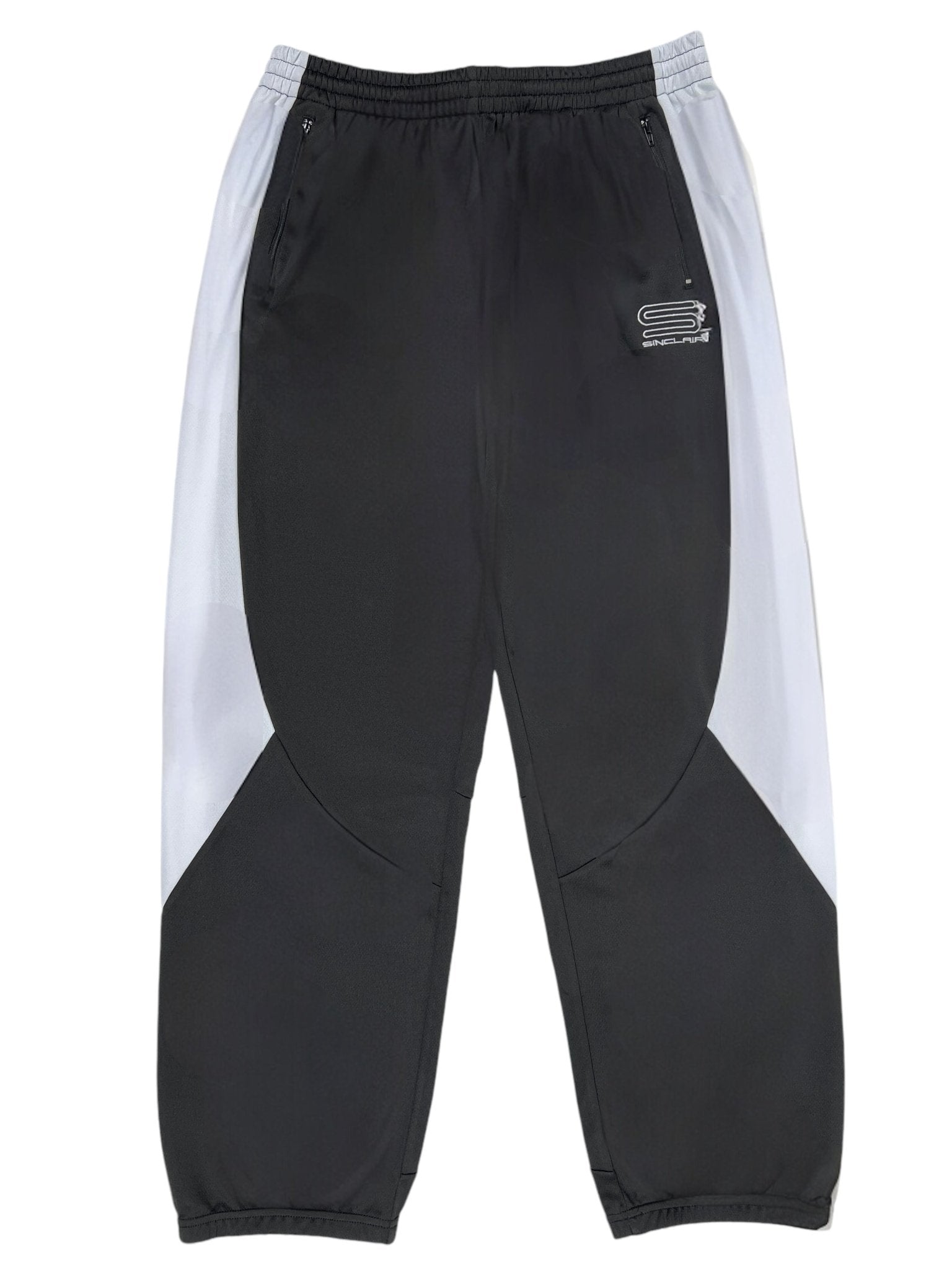 The Sinclair SMB65 Tech Logo Track Pant Black by SINCLAIR features an elastic waistband and a sleek black embroidered logo on the upper left thigh, crafted from 100% polyester for ultimate comfort.