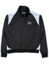 The Sinclair SMT190 Tech Logo Track Jacket in black features a front zipper, embroidered SINCLAIR logo on the chest, and two side pockets.