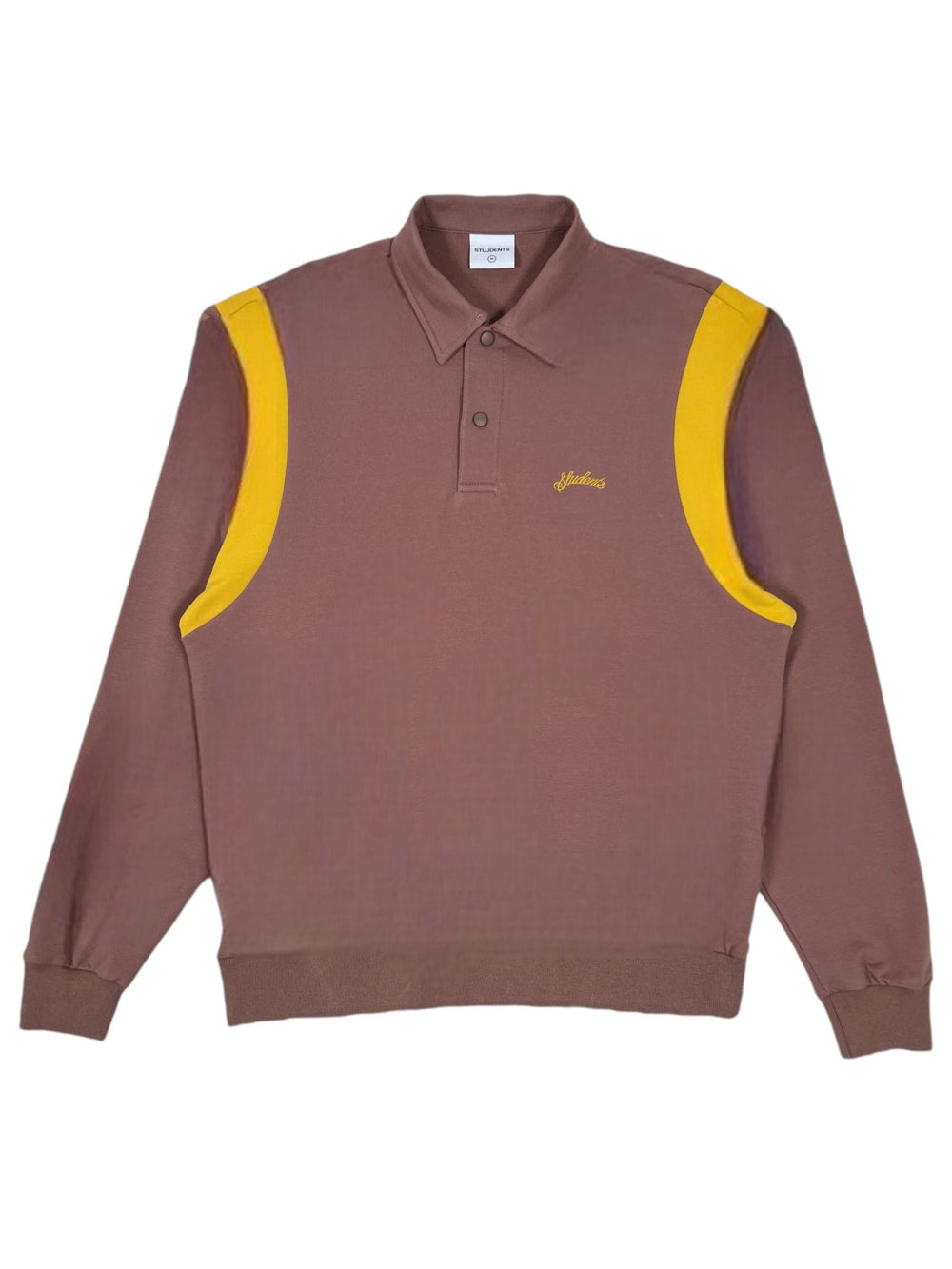 Introducing the Callum long-sleeve polo shirt in brown by STUDENTS. This carefully crafted piece is made from soft French terry cotton, and it features stylish yellow shoulder panels and front embroidery. The design includes a collared neckline with button closures, adding a refined touch to the screen-printed artwork.