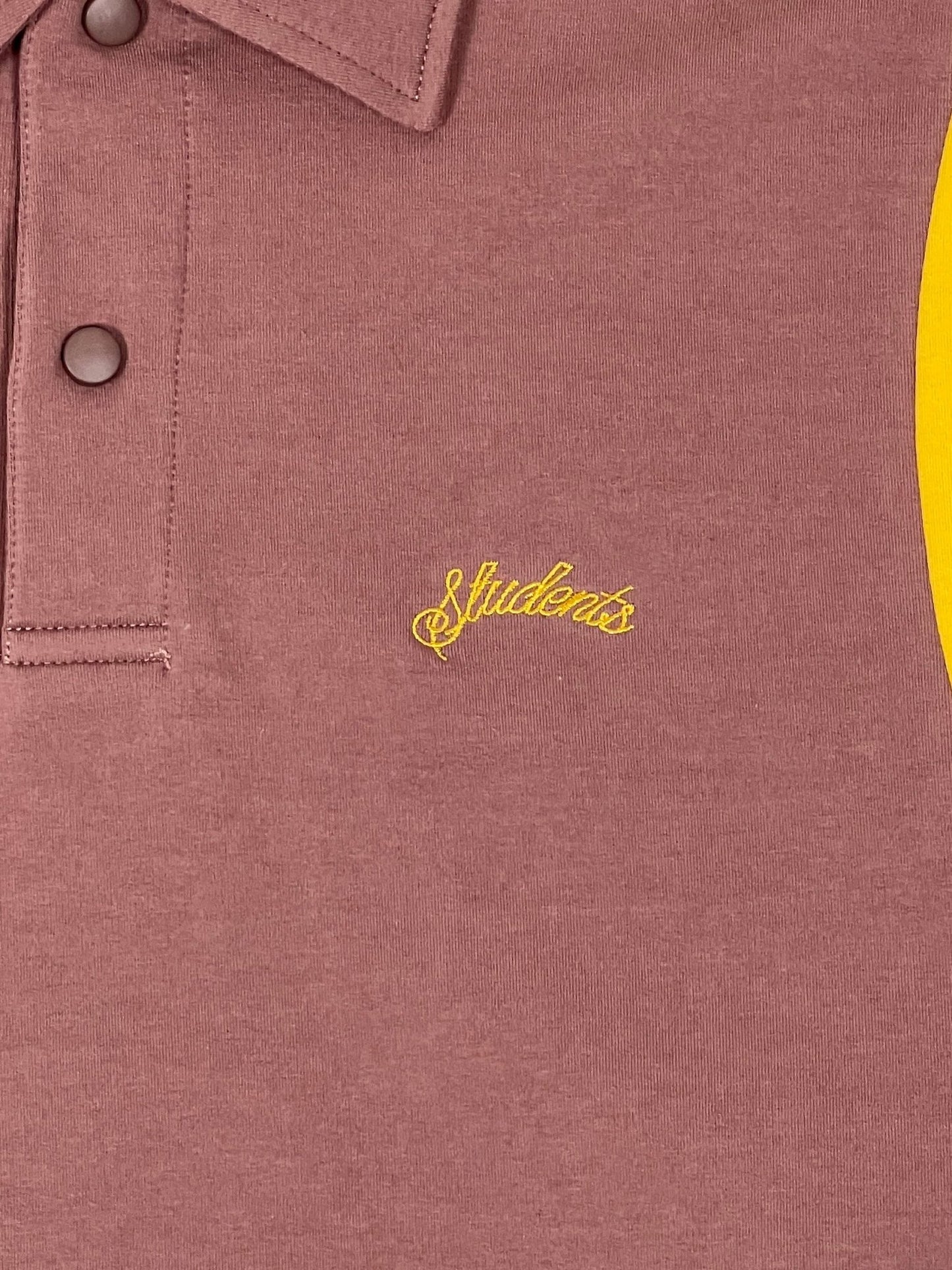 Close-up of the Students Callum l/s polo shirt brw, designed by STUDENTS, crafted from soft French terry cotton with two buttons and "Striders" delicately embroidered in yellow script on the chest.