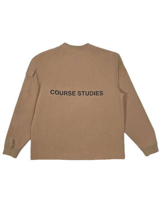 Tan long-sleeve popover jacket crafted with a hint of stretch nylon for added comfort, featuring "COURSE STUDIES" printed in black on the back. This piece is from the STUDENTS brand and is named Niall.