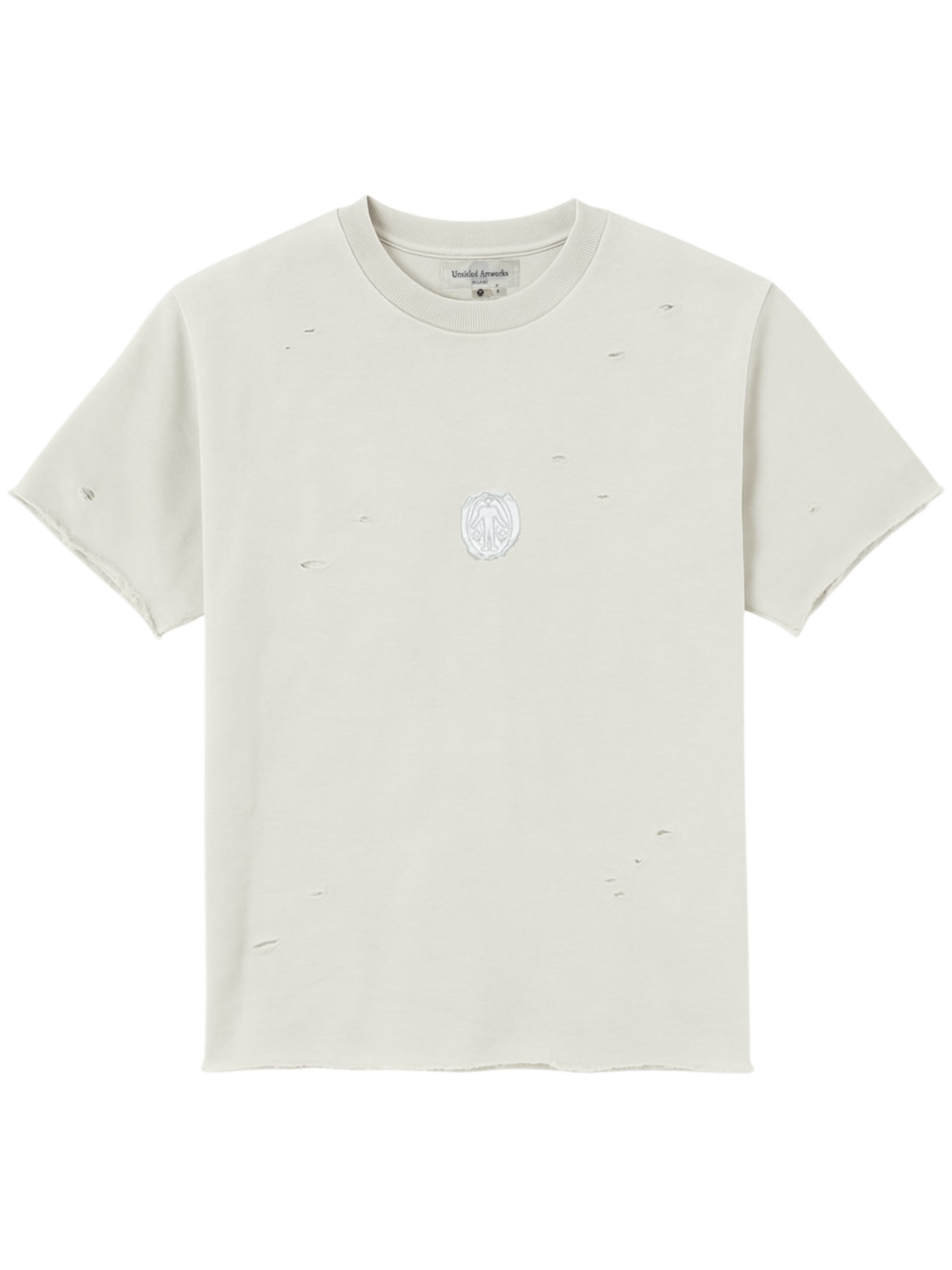 The UNTITLED ARTWORKS Crewneck Short Sleeve Cream is an off-white 100% cotton tee with small distressed holes and a subtle embroidered logo on the chest.