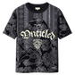 The UNTITLED ARTWORKS Untitled Artworks Sport Jersey Tee Black is a black short-sleeve streetwear T-shirt with white and gray patterns, gothic "Untitled" text on the chest, and a small rectangular label near the hem.