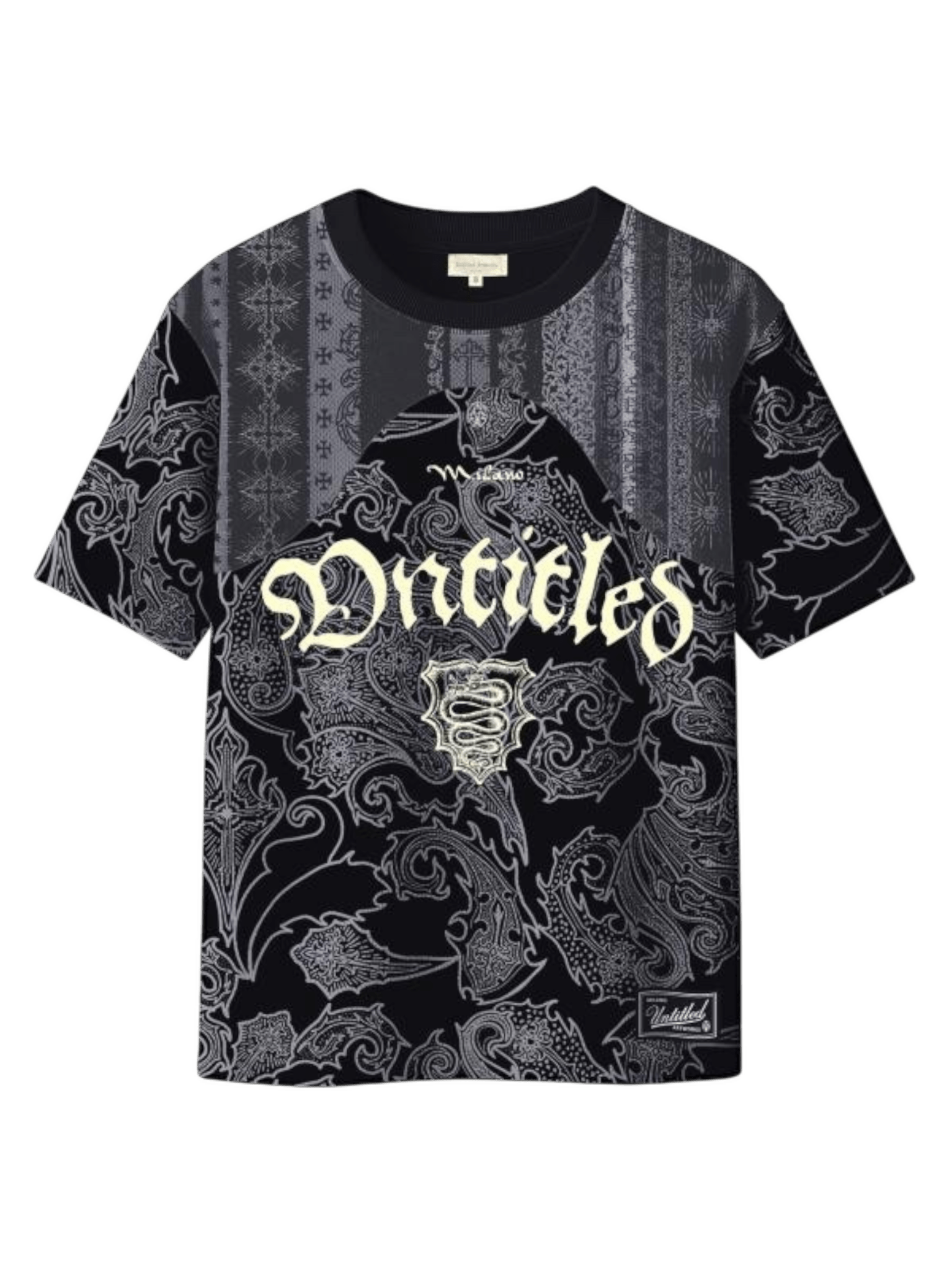 The UNTITLED ARTWORKS Untitled Artworks Sport Jersey Tee Black is a black short-sleeve streetwear T-shirt with white and gray patterns, gothic "Untitled" text on the chest, and a small rectangular label near the hem.