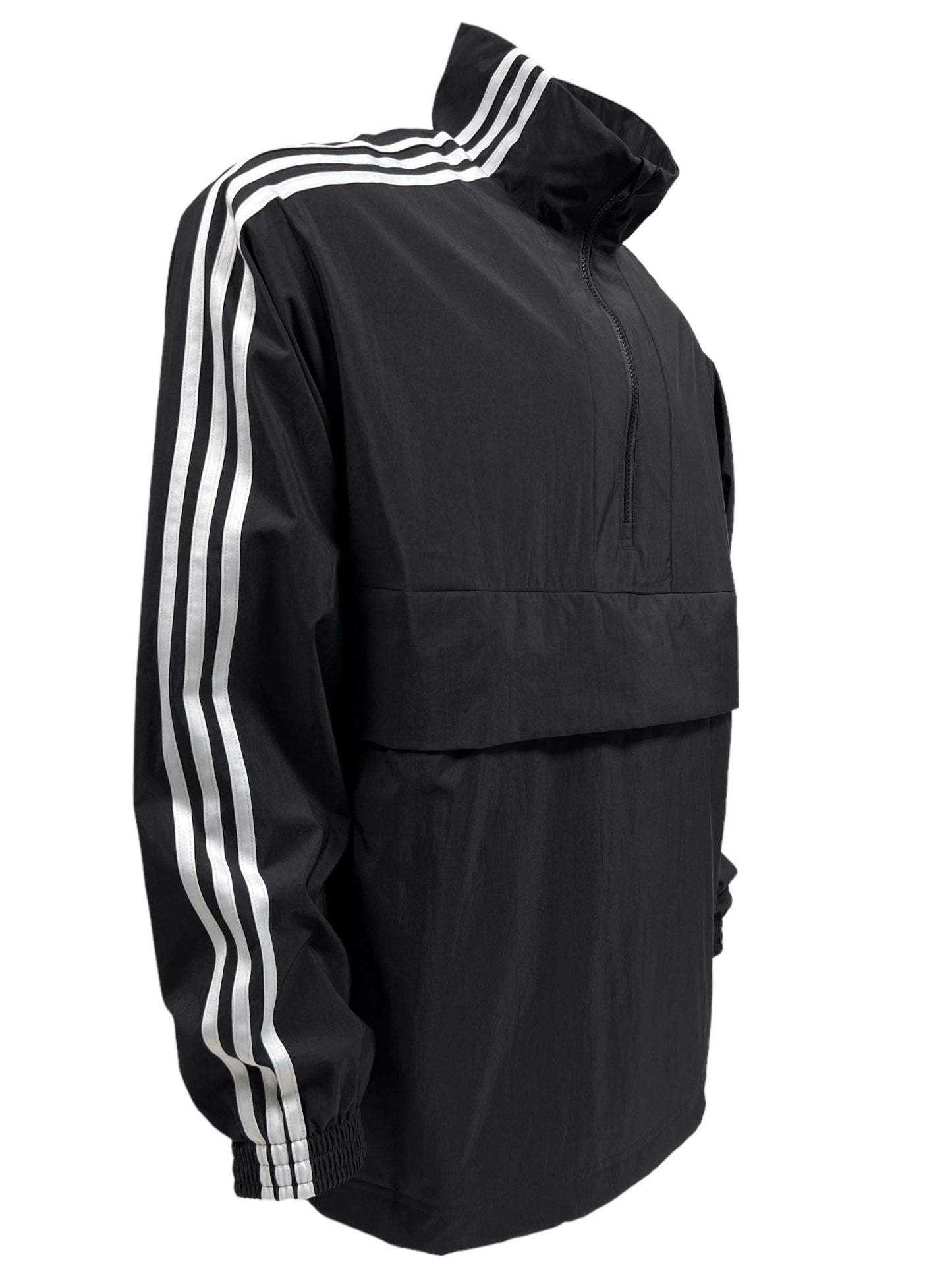 An oversized black zip-up track jacket with white stripes running down the sleeves and a large front pocket, reminiscent of ADIDAS x Y-3's signature style.