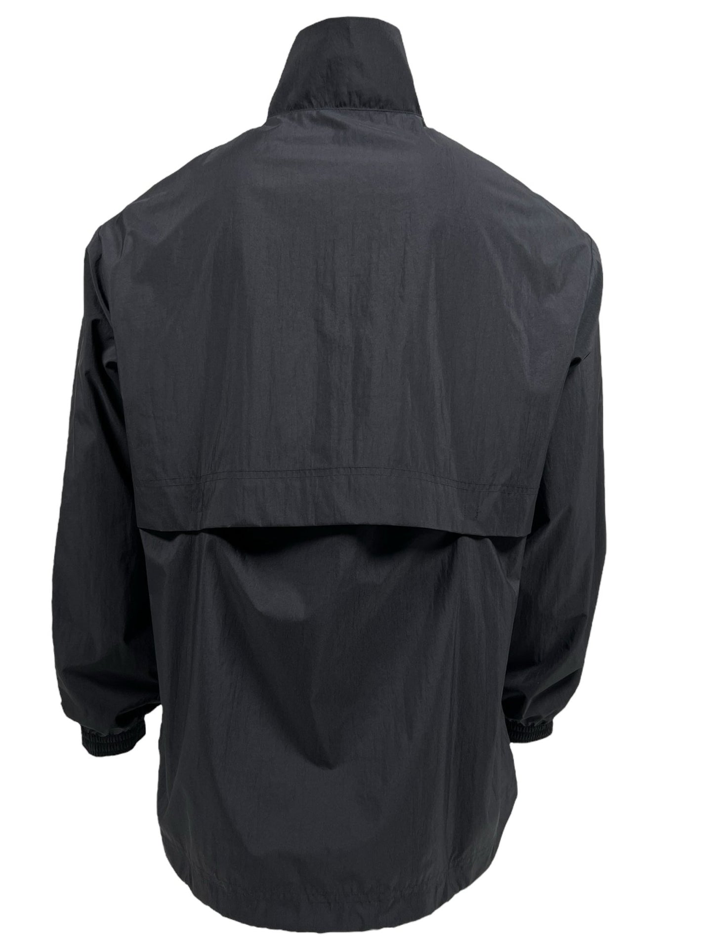 Rear view of an oversized black windbreaker jacket with an upright collar and elastic cuffs, reminiscent of ADIDAS x Y-3's Y-3 JD9796 3S NYL HZ BLACK signature style.