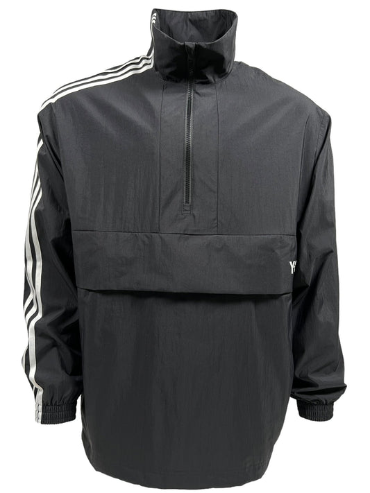 A black half-zip windbreaker with white stripes on the sleeves and elastic cuffs. The front boasts a large pocket and a small white ADIDAS x Y-3 logo near the pocket's edge, giving this Y-3 JD9796 3S NYL HZ BLACK oversized jacket a stylish and functional touch.