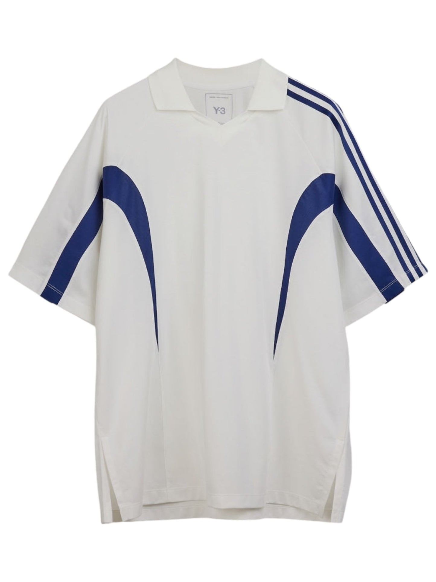 The Y-3 JM3222 SS CTLN Tee in Cwhite from ADIDAS x Y-3 is a white sports jersey adorned with blue curved accents on the front, showcasing the iconic three stripes and a subtle Y-3 logo on the shoulders.