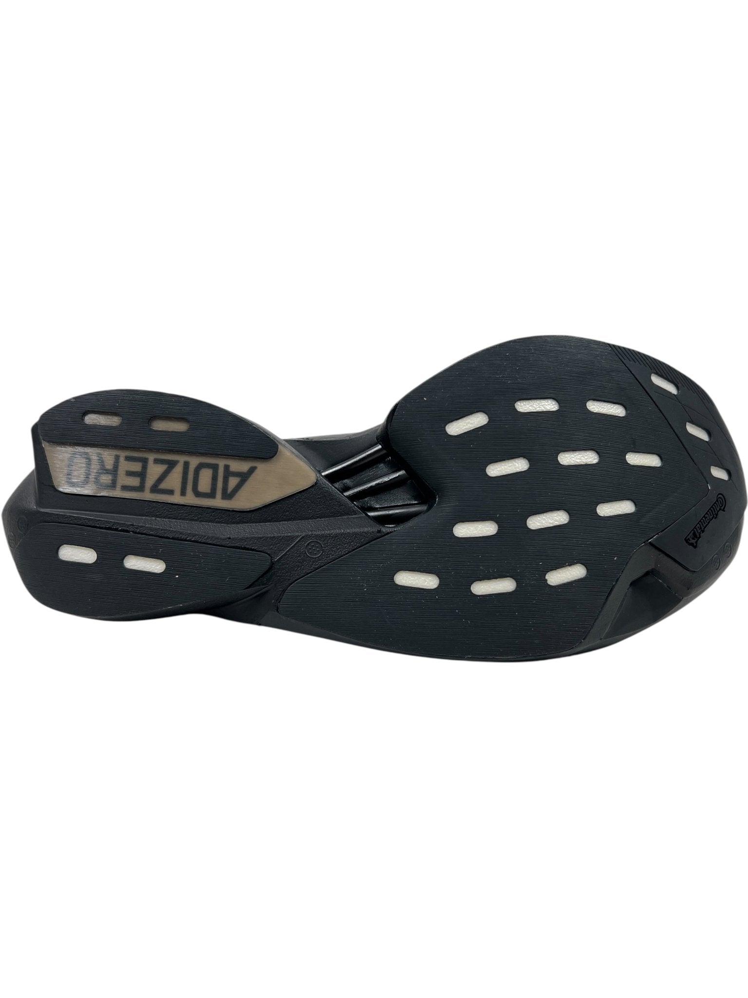 A side view of the ADIDAS x Y-3 Y-3 JR4205 ADIOS PRO 3.0 Black/Black racing shoe, showing white rectangular sole accents and the Adizero logo inside.