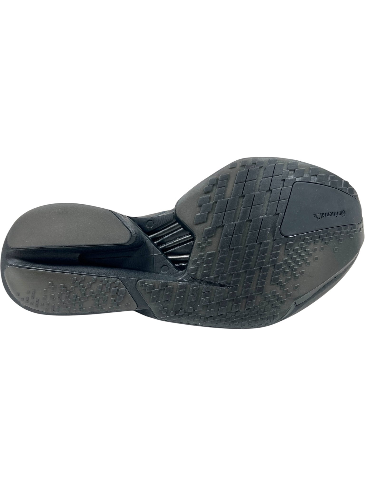 Bottom view of the Y-3 JR6655 ADIOS PRO 4 M by ADIDAS x Y-3 in Black/Black-CWhite, featuring a textured sole for grip and a recessed cleat area, inspired by advanced grip and Lightstrike Pro cushioning.