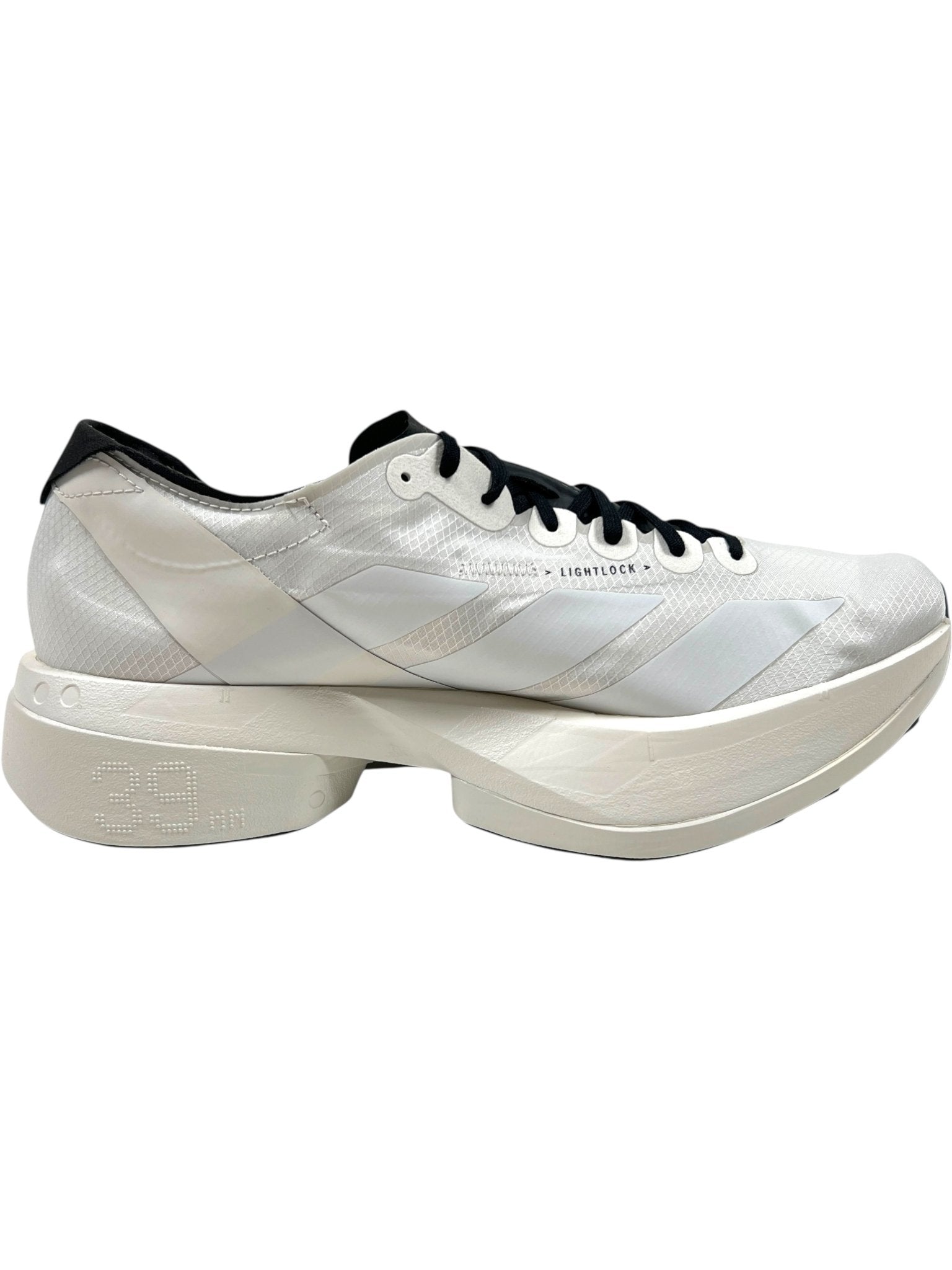 Introducing the ADIDAS x Y-3 JR6656 Y-3 Adios Pro 4 M in Orbgry/Black—a white athletic running shoe with black laces, split sole, minimalist details, and innovative Lightstrike Pro cushioning for superior comfort.