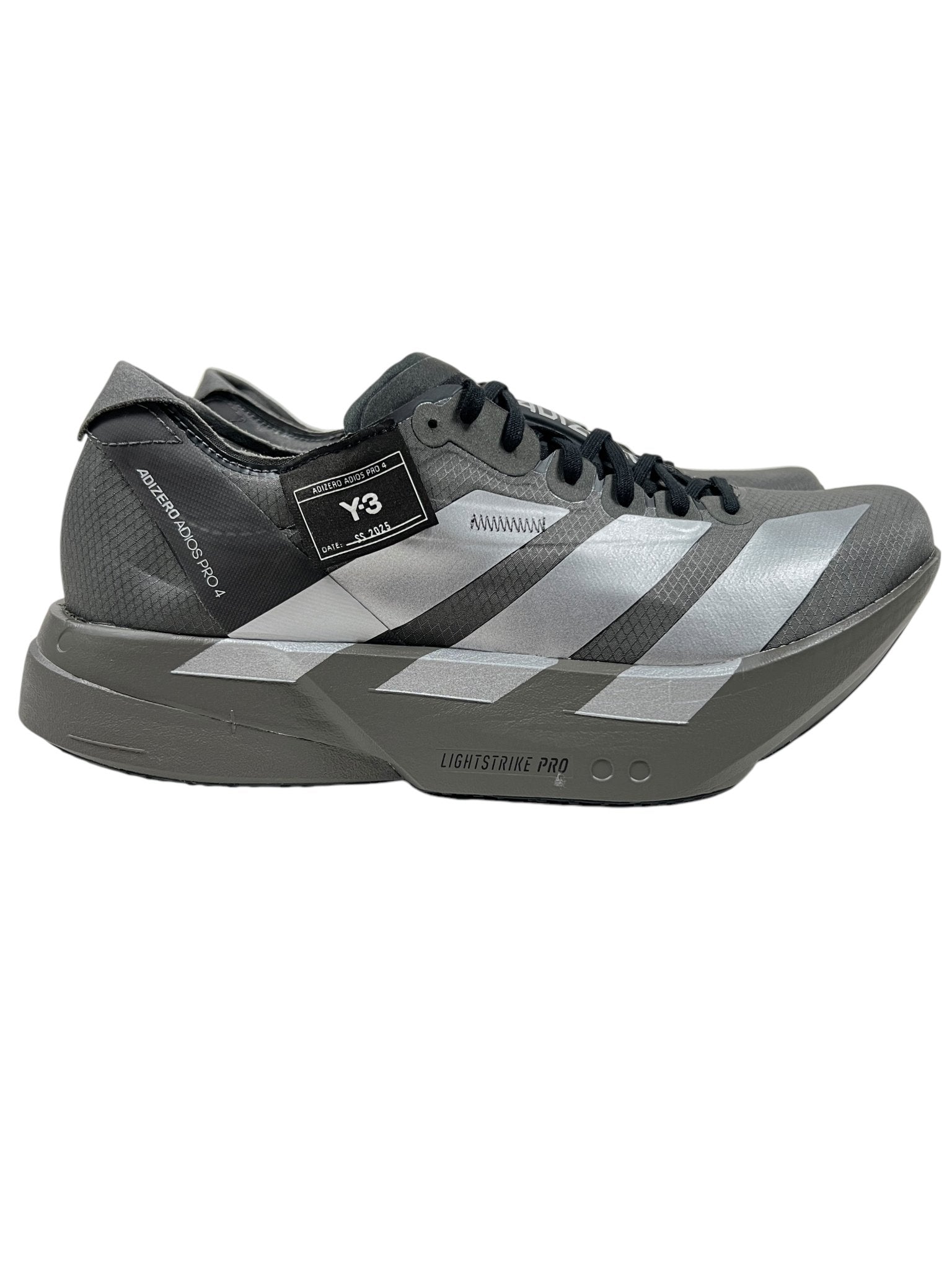 ADIDAS x Y-3 JS3155 Y-3 Adios Pro 4 sneakers in Cinder and Black feature a layered design with black laces, showcasing the iconic 3-Stripes logo and "Lightstrike Pro" text.