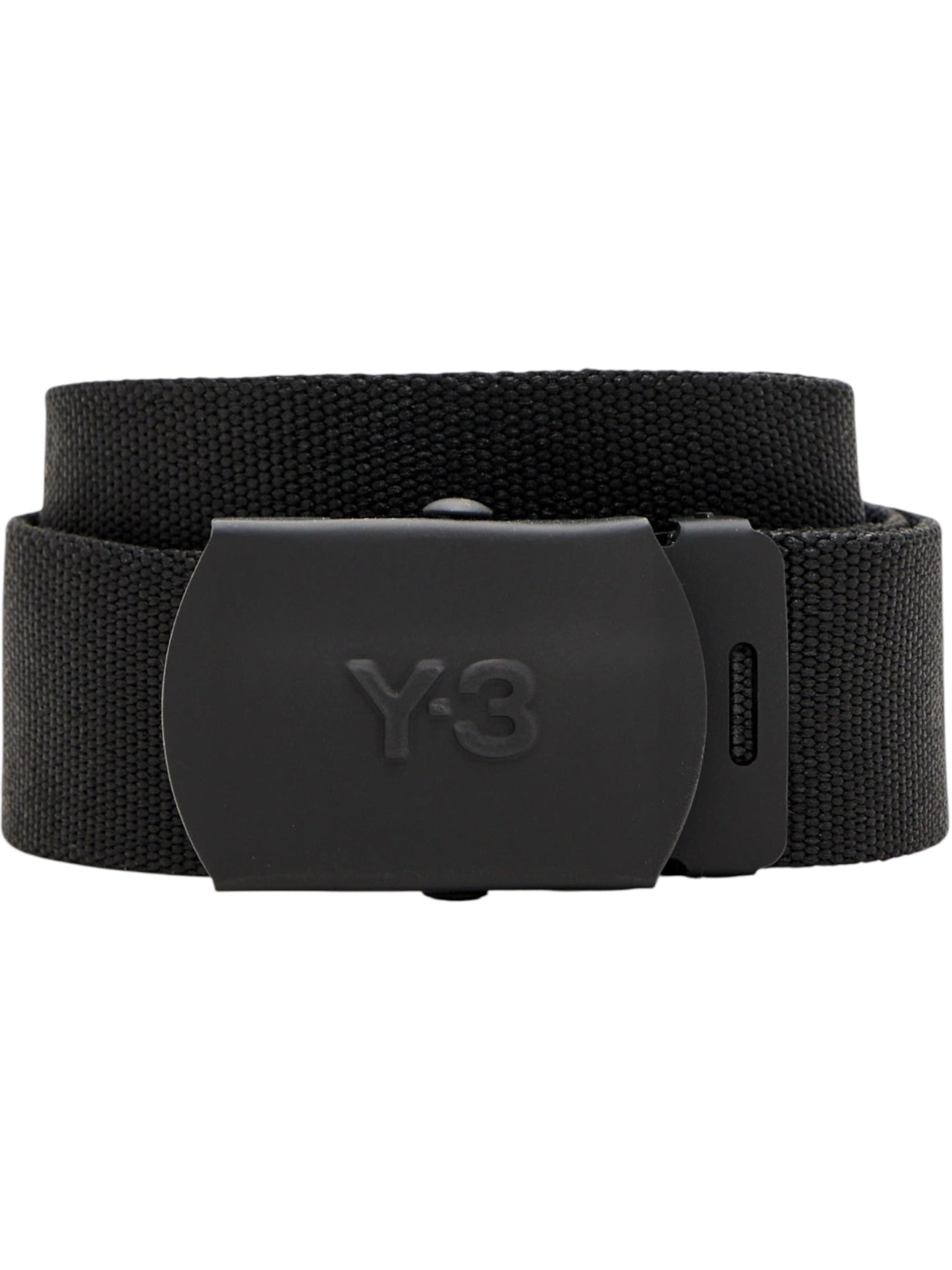 The ADIDAS x Y-3 KA2308 CL L Belt Black features jacquard webbing and a matte black metal buckle with embossed "Y-3" text, shown rolled up.
