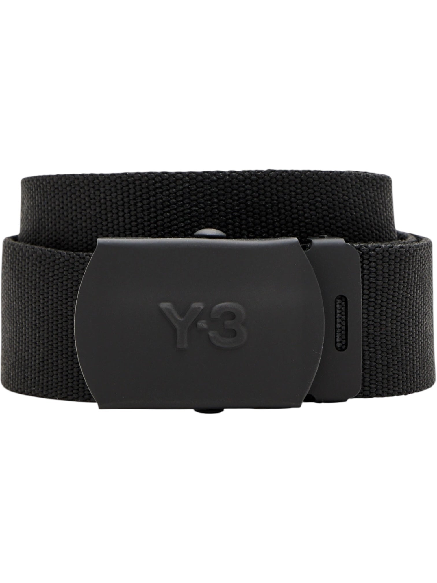 The ADIDAS x Y-3 KA2308 CL L Belt Black features jacquard webbing and a matte black metal buckle with embossed "Y-3" text, shown rolled up.