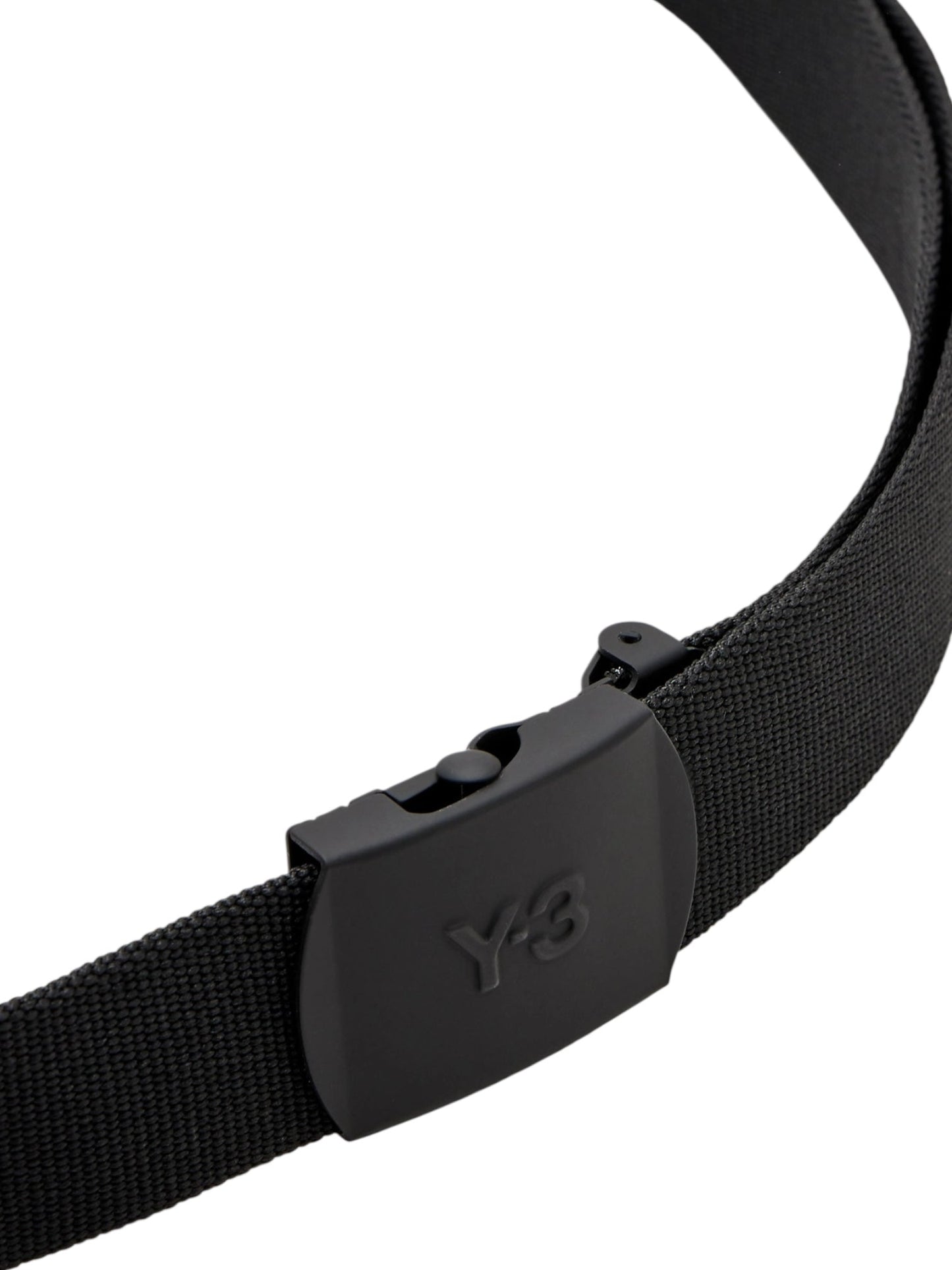 Close-up of the ADIDAS x Y-3 KA2308 CL L Belt Black, featuring black jacquard webbing and a matte black metal buckle embossed with the "Y-3" logo.