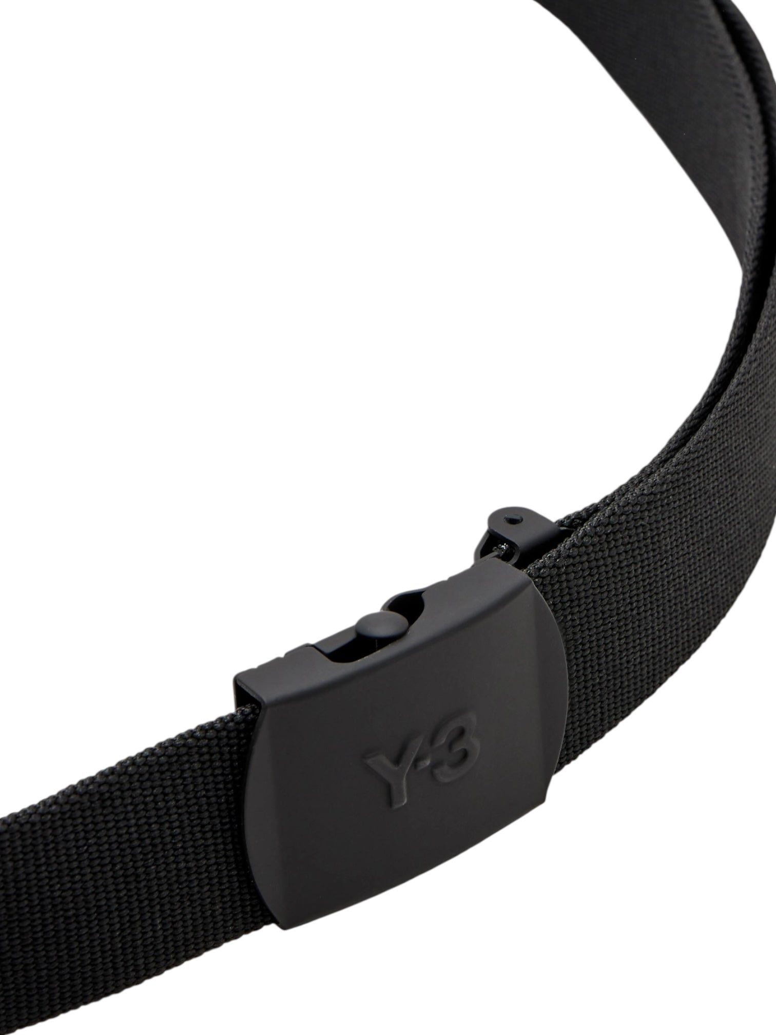 Close-up of the ADIDAS x Y-3 KA2308 CL L Belt Black, featuring black jacquard webbing and a matte black metal buckle embossed with the "Y-3" logo.