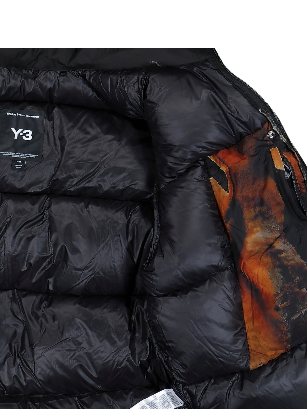 ADIDAS x Y-3 KA2364 M AOP Puff JKT Multco/Black puffer with PrimaLoft insulation; inner lining has a large brownish discoloration on one side.