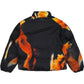 The ADIDAS x Y-3 KA2364 M AOP Puff JKT in Multco/Black is a black polyamide puffer jacket with PrimaLoft insulation and abstract orange, yellow, and white patterns on a crisp white back.