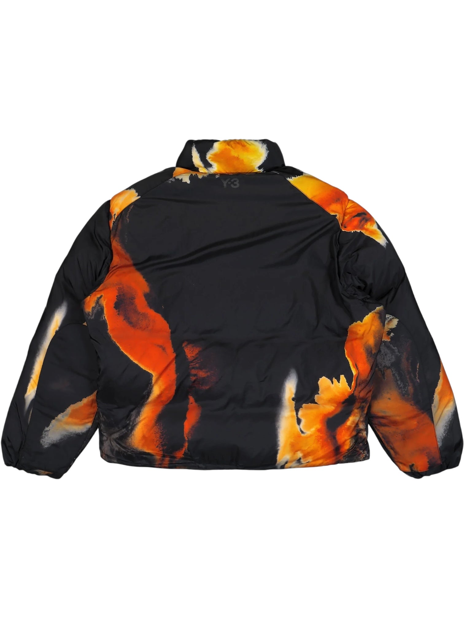 The ADIDAS x Y-3 KA2364 M AOP Puff JKT in Multco/Black is a black polyamide puffer jacket with PrimaLoft insulation and abstract orange, yellow, and white patterns on a crisp white back.