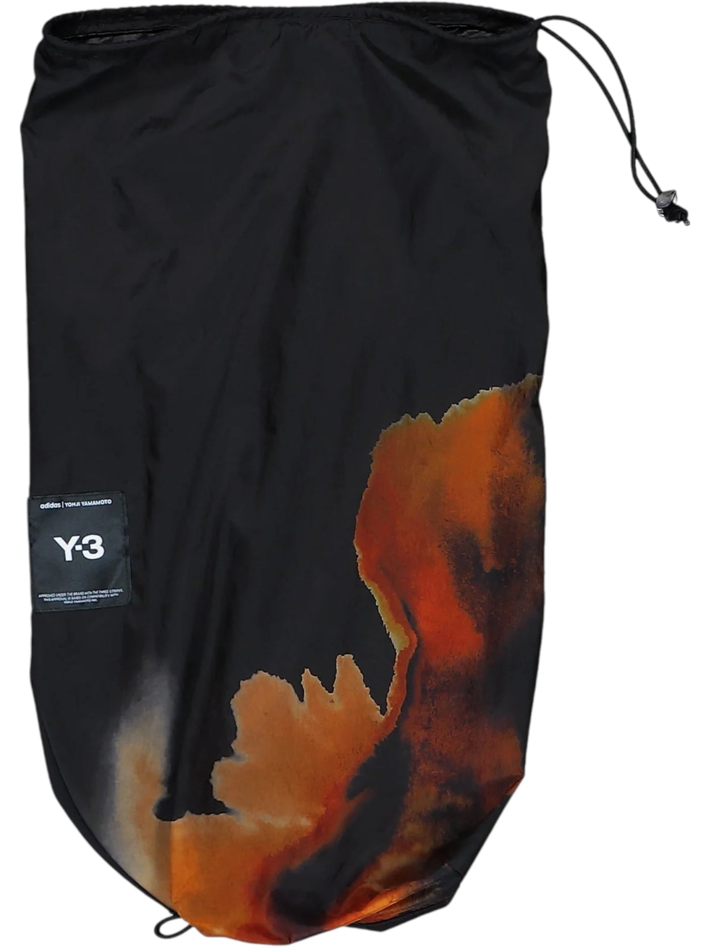 The ADIDAS x Y-3 KA2364 M AOP Puff JKT Multco/Black drawstring bag features a black base, abstract orange and beige pattern on the lower right, and a Y-3 logo patch, inspired by the iconic puffer jacket's bold design.