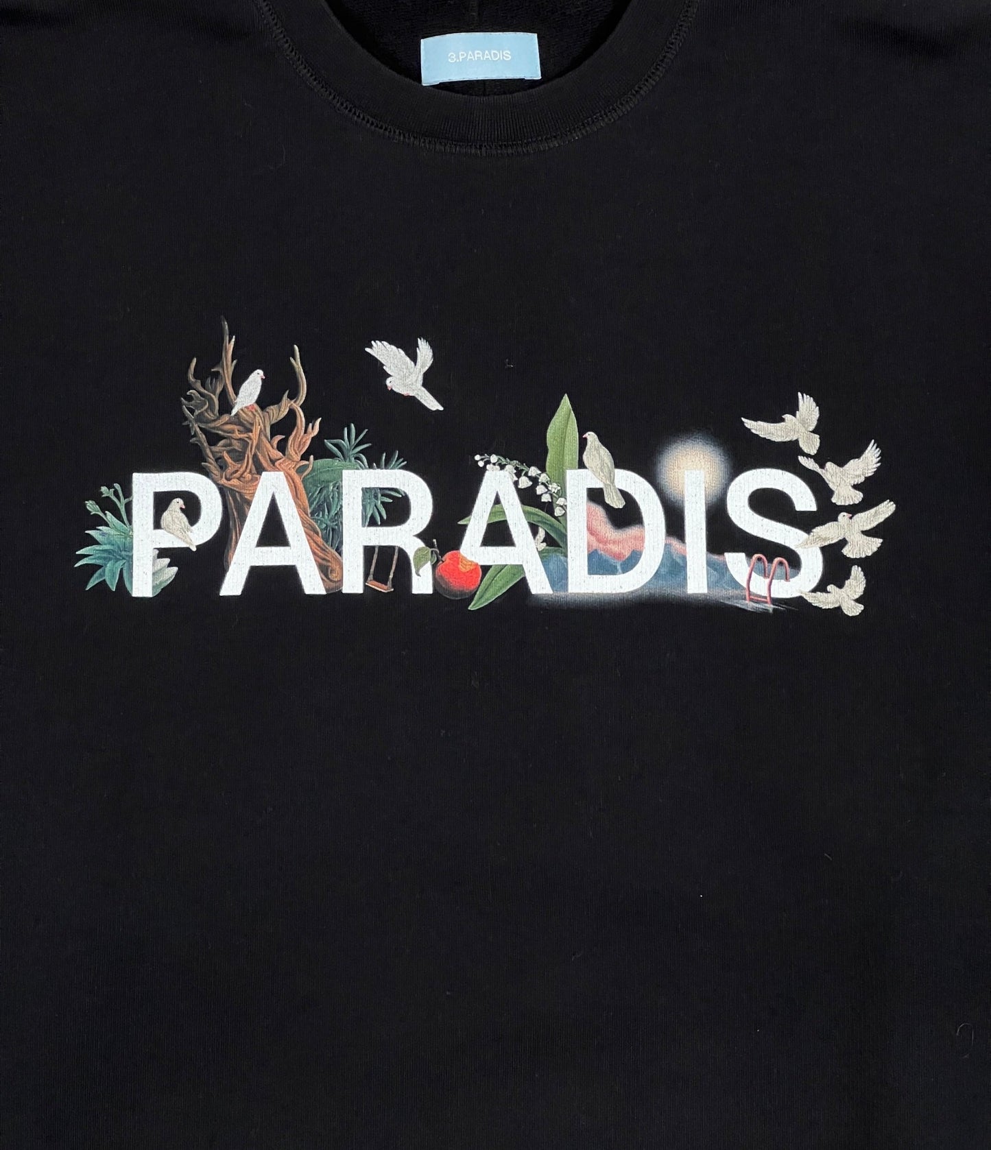 A black cotton 3.PARADIS crewneck sweater with the word 3.PARADIS on it.