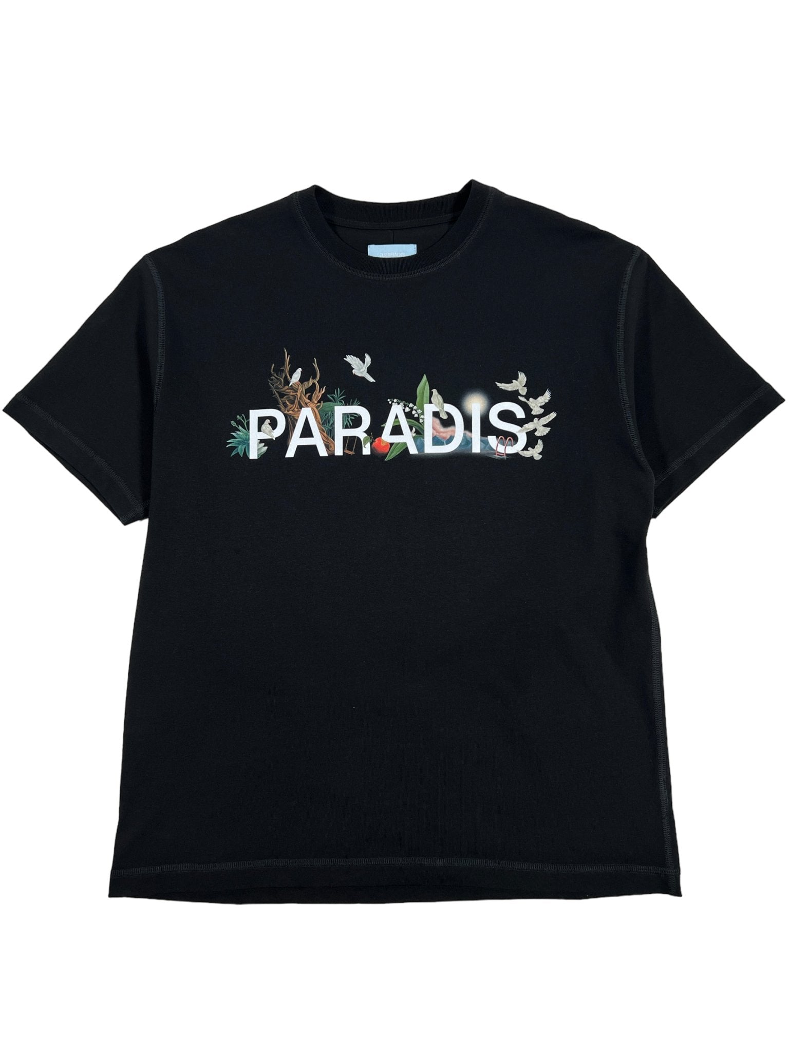 Stay stylish with the 3.PARADIS SS T-Shirt Paradis Blk, crafted from 100% cotton. This black tee features the word "PARADIS" on the front and is embellished with distinctive plant and animal silhouettes.